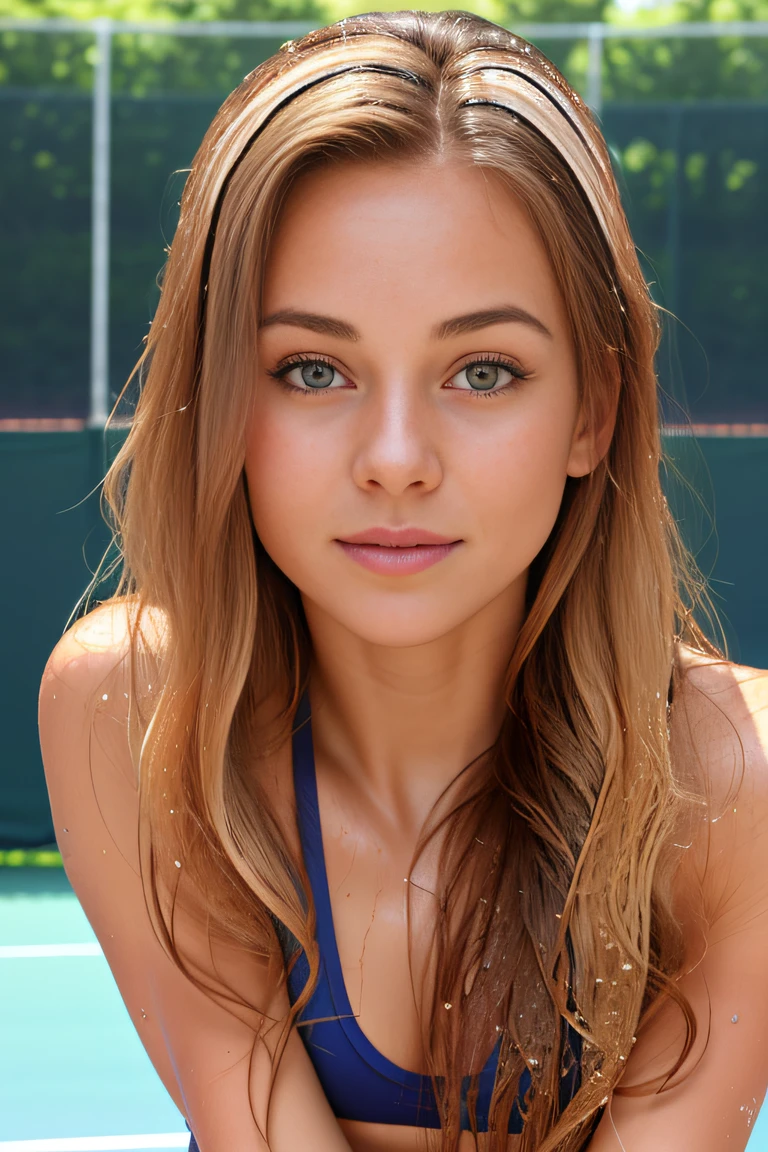 (((Draw only one woman: 2))), (Tennis court: 1.3), (Beautiful and stylish 25-year-old Russian woman), (Blonde, white-skinned Russian woman), (Sweaty tank top Tennis wear: 1.8), ((1 screen)), 8K, RAW shot, top quality photo, masterpiece, nice and realistic photo, (anatomically correct proportions), (perfect proportions), (small face) , detailed face, detailed eyes, narrow nose, ((detailed fingers)), ((perfect fingers)), detailed arms, detailed skin, detailed legs, narrow waist, (short torso: 1.2) , big breasts, (accurate fingers: 1.2), ((sweat skin: 1.3)), ((wet hair: 1.3)), ((wet bangs: 1.3)), (cute skort), (tennis :1.3)