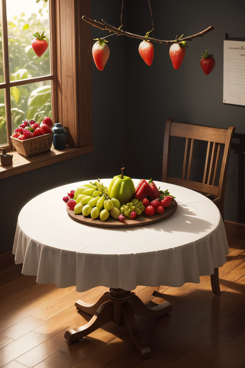 Create an image of a table with fruit : On the one hand, des bananes, et de l'autre, des fraises. Use arrows to indicate that bananas are berries, tandis que les fraises ne le sont pas.