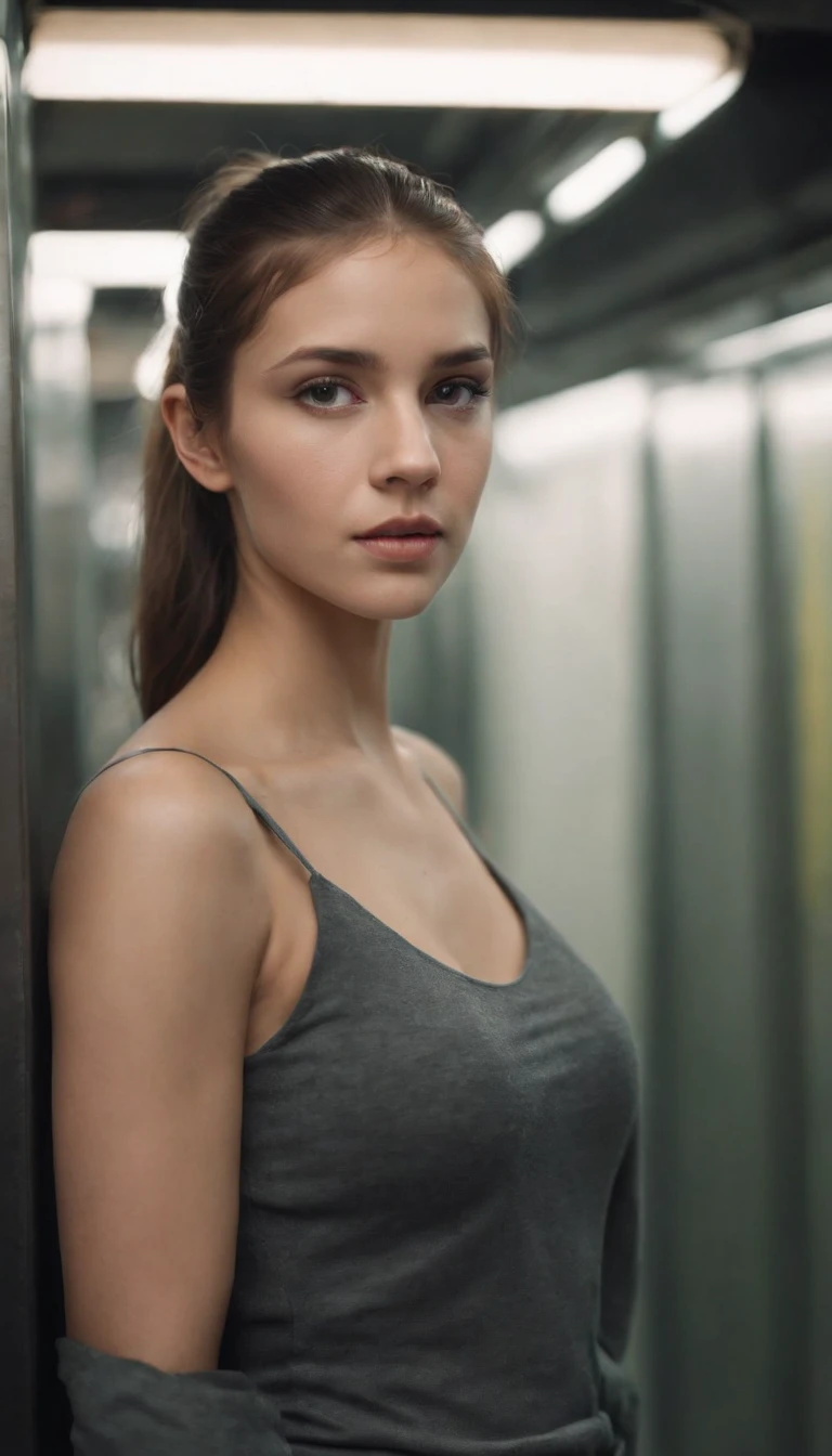 Cinemamatica Matrix 5, NSFW (New South Wales),20-year-old girl with ponytail hair, Big dark grey eyes, And the perfect oval face, It is rendered in a realistic style with sharp edges and a vivid atmosphere., In the subway