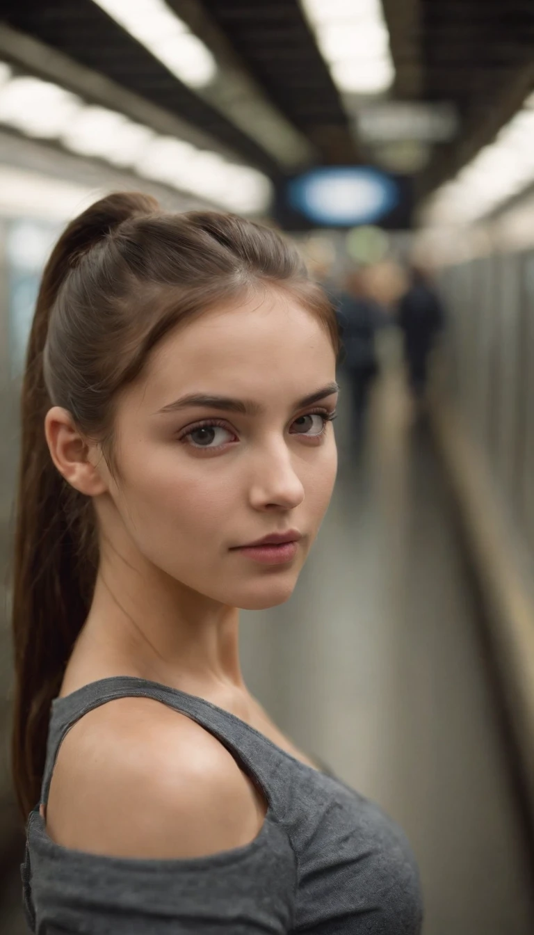 Cinemamatica Matrix 5, NSFW (New South Wales),20-year-old girl with ponytail hair, Big dark grey eyes, And the perfect oval face, It is rendered in a realistic style with sharp edges and a vivid atmosphere., In the subway
