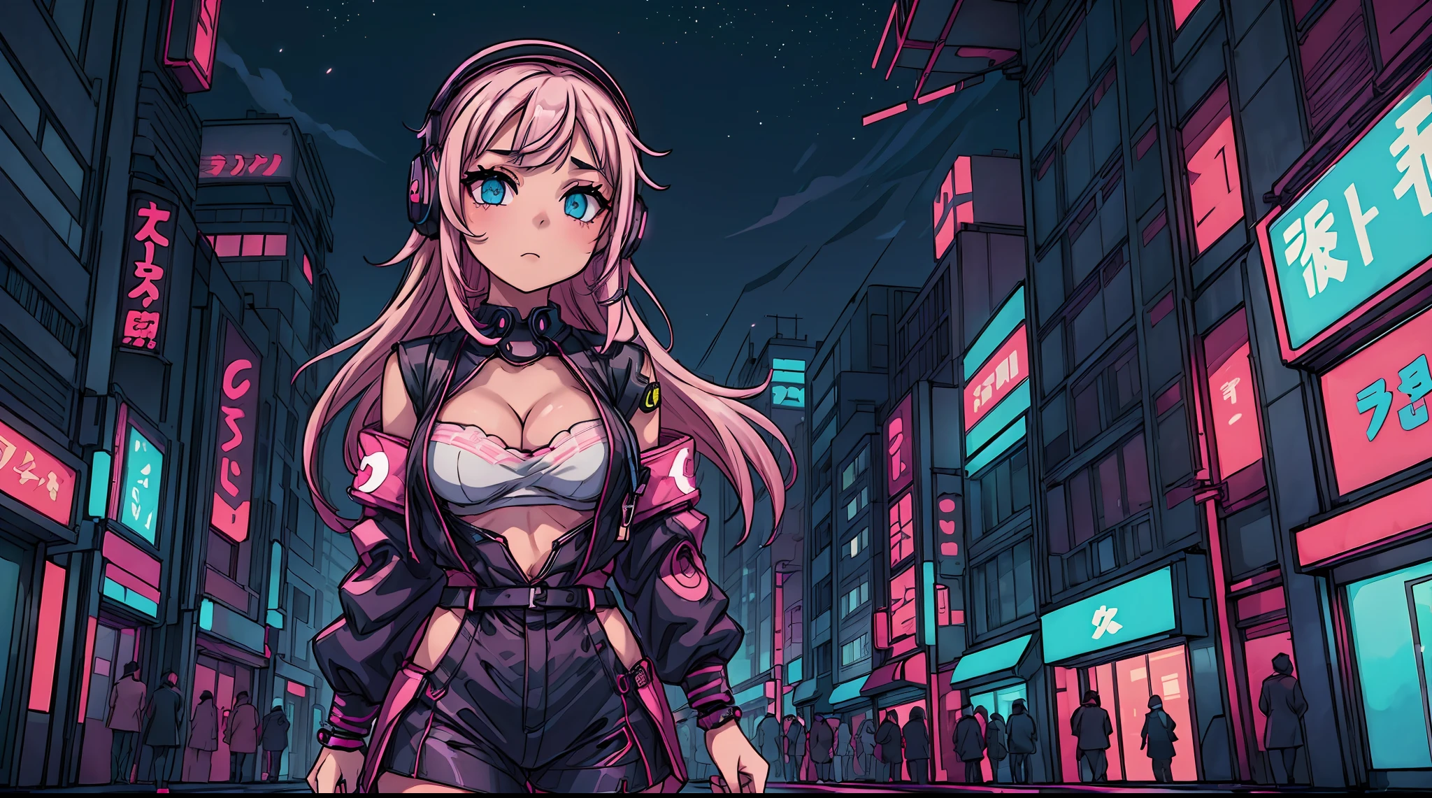 sexy anime 1girl, headphones, glowing skin, beautiful background, beautiful sky, aesthetic, vanilla, night, cleavage, Japan, Tokyo city, manga, vibrant colors, neon lights, futuristic, cityscape, seductive eyes, stylish attire, long flowing hair, alluring pose, moonlight, urban setting, bustling streets, high-rise buildings, iconic landmarks, cherry blossoms, street fashion, street art, vibrant nightlife, energetic atmosphere, modern technology, cyberpunk vibes, anime-inspired style, enchanting charm, captivating expression, soft and delicate features, immersive ambiance, alluring and mysterious. (best quality, 4k, high-res, ultra-detailed), vivid colors, neon glow, studio lighting