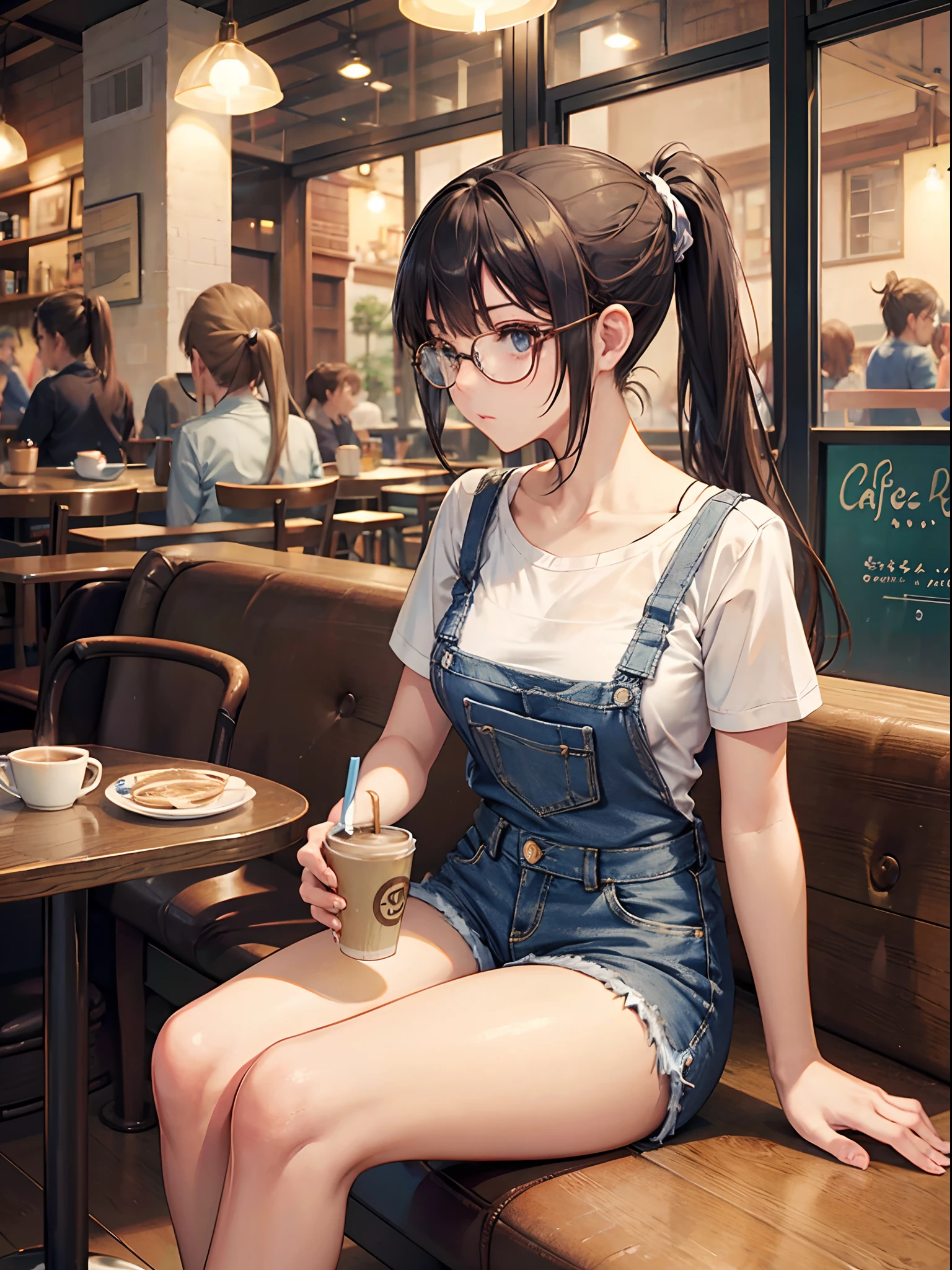 Anime girl, denim shorts, sitting, drinking coffee, (((cafe))), wearing glasses, ((ponytail))