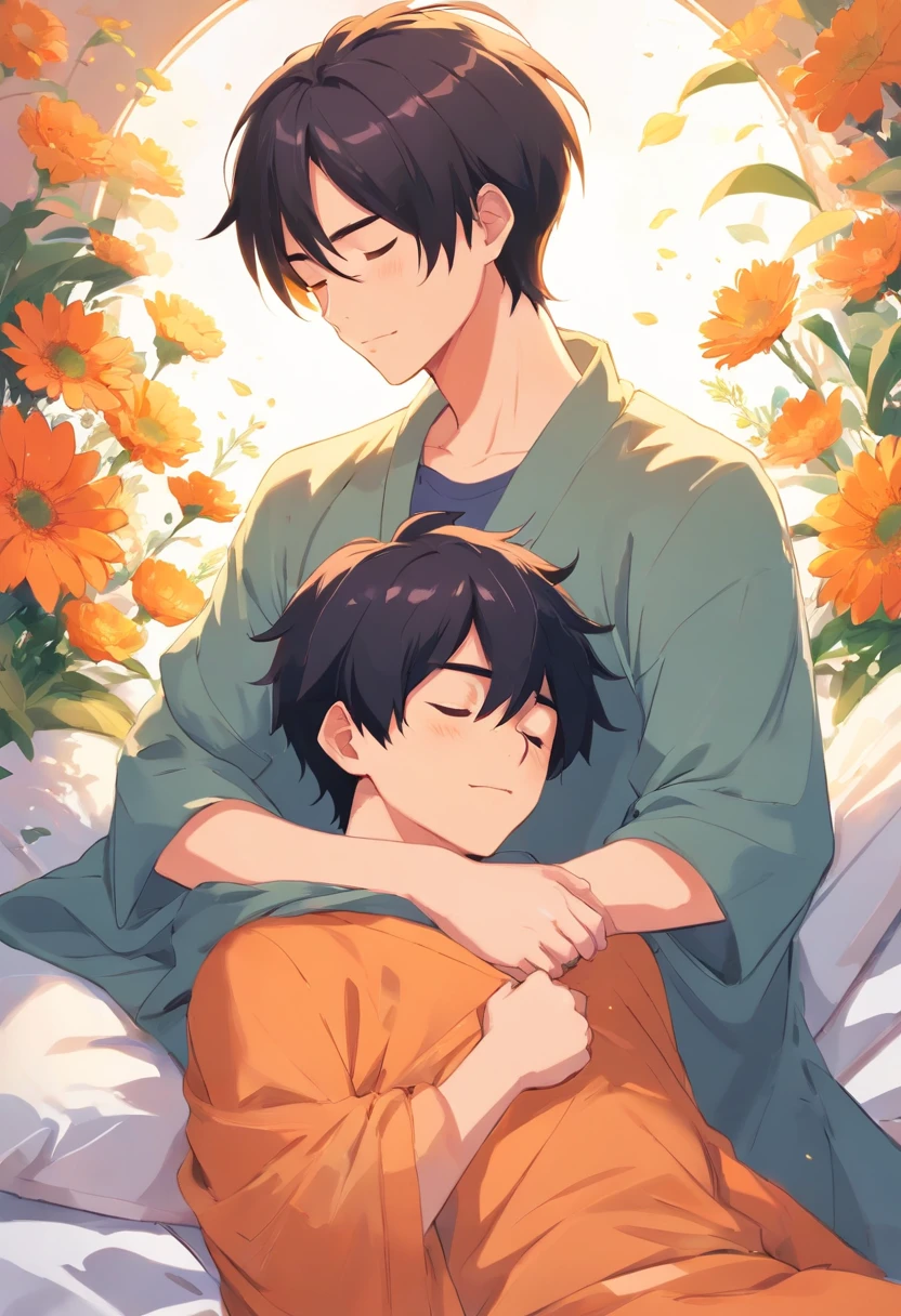 two boys, male couple, 20 years old, black hair, orange hair, hugging each other sleeping, happiness, blanket, pillow, sunshine, flowers, warm