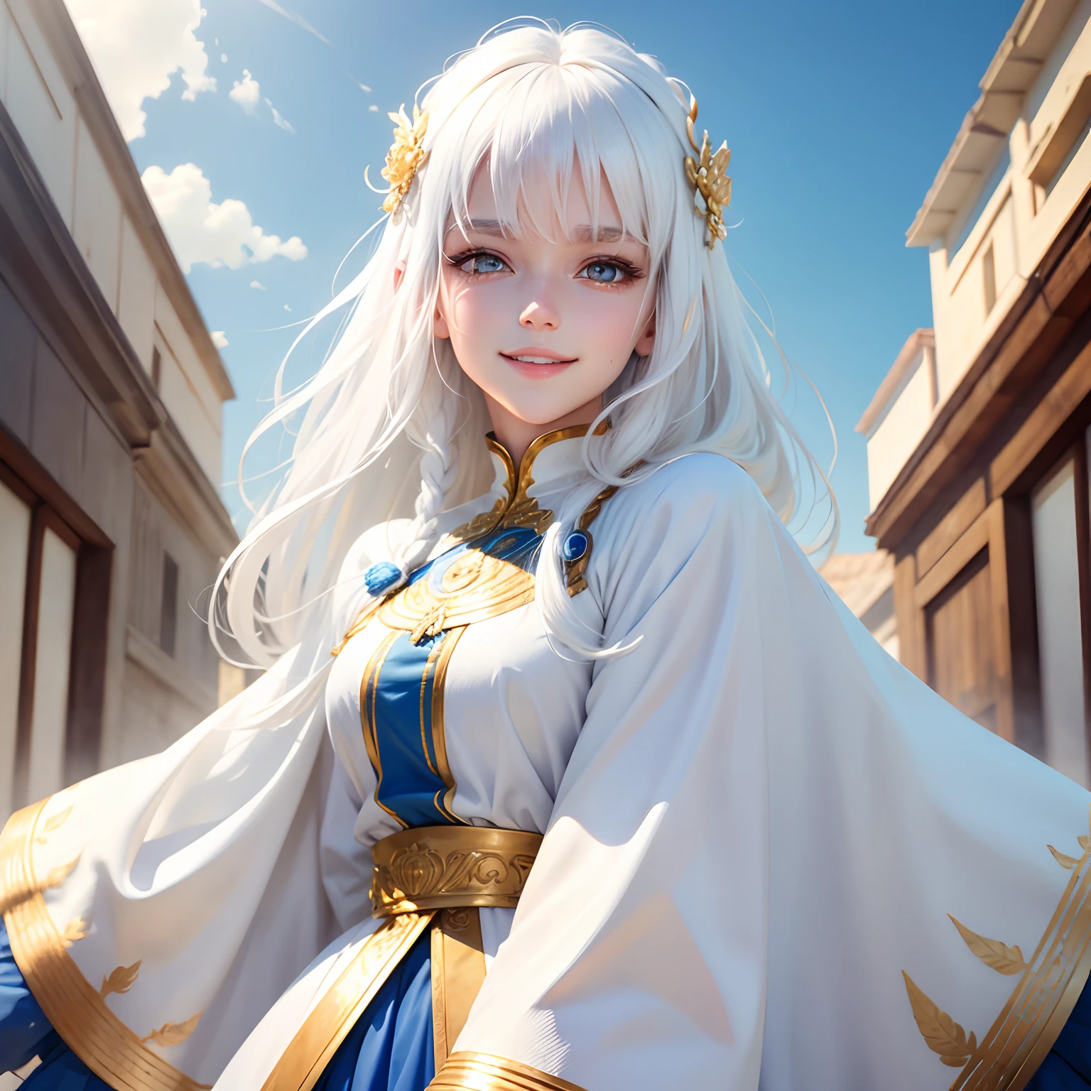 best quality, white hair, gold eyes, blue clothes, looking up, upper body, hair strand, Fair skin, smiling