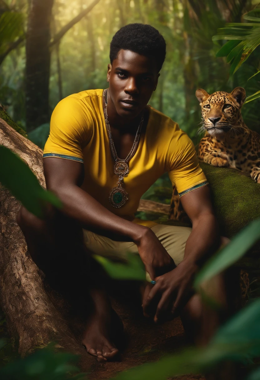 um menino de cinco anos de idade, black man with the shirt of Brazil in the middle of the forest sitting with his legs entwined and with his hand on a jaguar