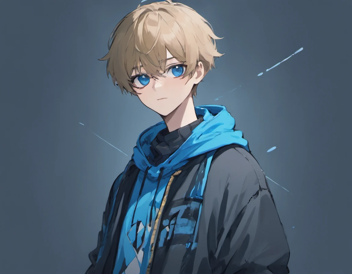 A tall guy, pale skin, kblack eyes, light brown, short-cut hair, bangs slightly tilted to the left, On the very top of the head there are black and white headphones with a blue pattern. On the face of blue decorative glasses, consisting of blue frames and black glasses, through which the eyes are not visible. White hoodie with a slight slope with a soft blue, black stripes on puffy sleeves, black hoodie laces. Blue plaid scarf with black squares throughout the garment, consisting of not very dense fabric. Black pants with two blue round stripes from the belt. Blue sneakers with white soles. A blue scarf and glasses are the hallmarks of the character, by which he is recognized.