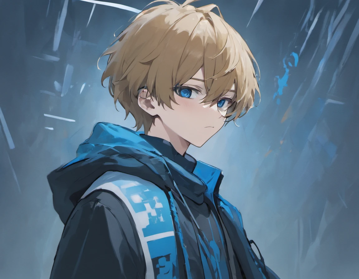 A tall guy, pale skin, kblack eyes, light brown, short-cut hair, bangs slightly tilted to the left, On the very top of the head there are black and white headphones with a blue pattern. On the face of blue decorative glasses, consisting of blue frames and black glasses, through which the eyes are not visible. White hoodie with a slight slope with a soft blue, black stripes on puffy sleeves, black hoodie laces. Blue plaid scarf with black squares throughout the garment, consisting of not very dense fabric. Black pants with two blue round stripes from the belt. Blue sneakers with white soles. A blue scarf and glasses are the hallmarks of the character, by which he is recognized.