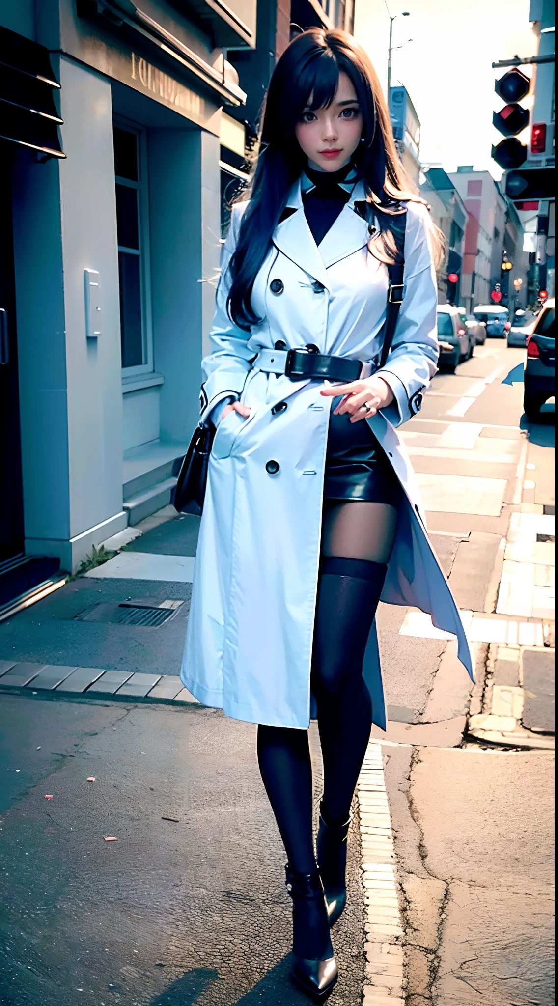 (Best quality,4K,8K,A high resolution,Masterpiece:1.2),Ultra-detailed,(Realistic,Photorealistic,photo-realistic:1.37),Long-range shooting,Blue-haired woman,Hair falls on the left shoulder,Wears a white trench coat lined in red, blackminiskirt,Patterned stockings,High heels,Walking on the street,Portrait,conceptual art,Blurred background,Soft lighting,Vivid tones