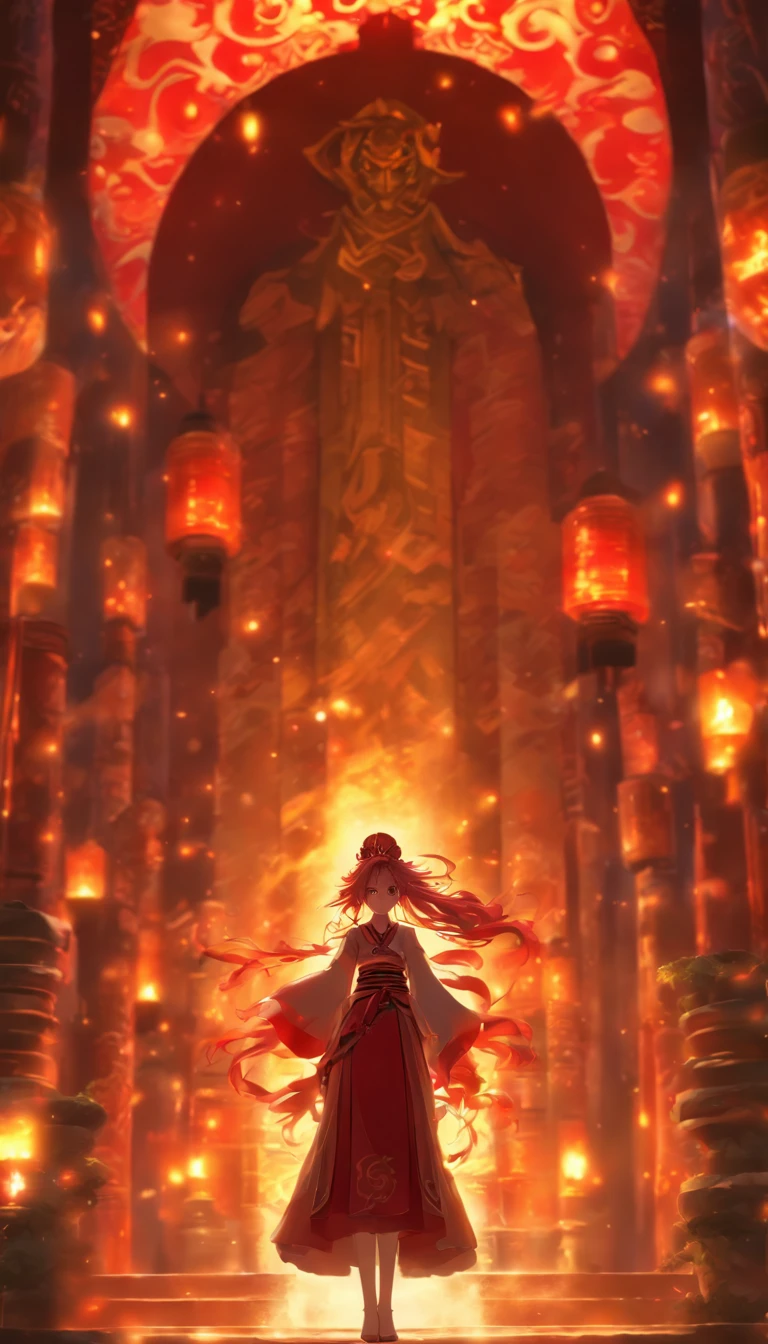 digital art, full body, in the center of the frame, masterpiece, best quality, 1girl, empress, detailed face, super detailed glowing red eyes, long flowing red hair, detailed hair, inside a temple, well lit, illuminated environment, solo, looking at viewer, long ceremonial costume, circle of magic, front lighting, 8K,