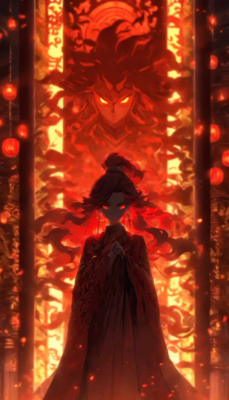 digital art, full body, in the center of the frame, masterpiece, best quality, 1girl, empress, detailed face, super detailed glowing red eyes, long flowing red hair, detailed hair, inside a temple, well lit, illuminated environment, solo, looking at viewer, long ceremonial costume, circle of magic, front lighting, 8K,