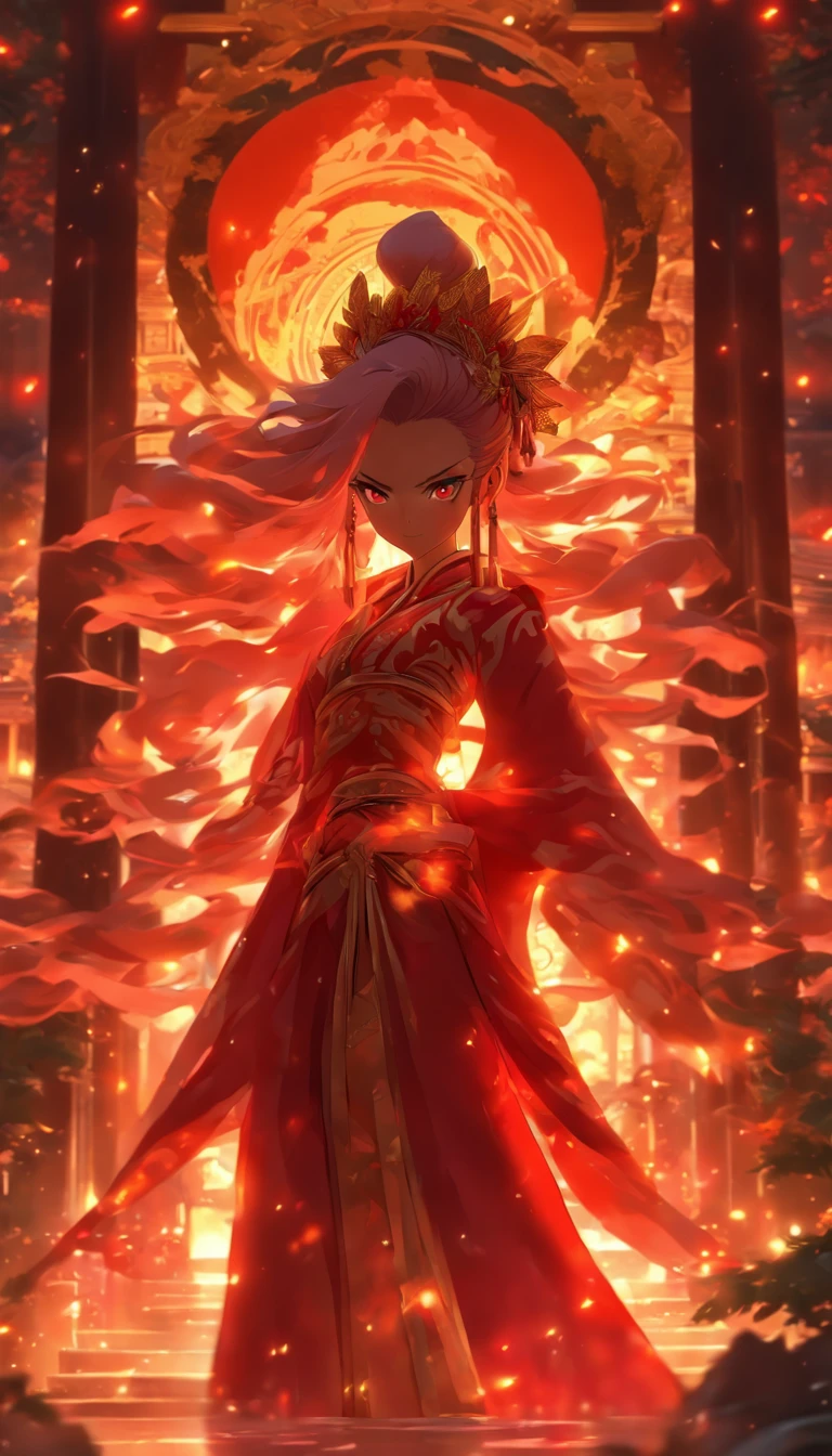 digital art, full body, in the center of the frame, masterpiece, best quality, 1girl, empress, detailed face, super detailed glowing red eyes, long flowing red hair, detailed hair, inside a temple, well lit, illuminated environment, solo, looking at viewer, long ceremonial costume, circle of magic, front lighting, 8K,