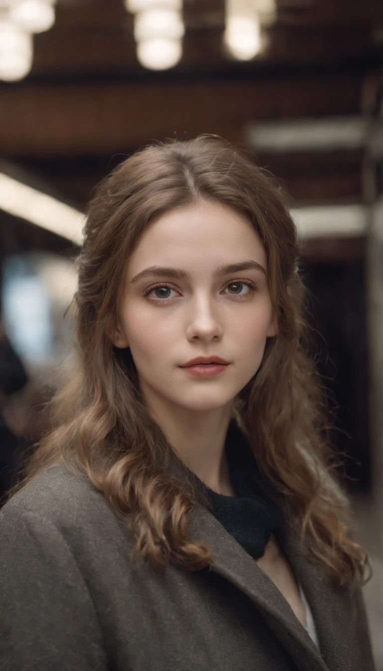 Cinemamatica Matrix 5, 20-year-old girl with permed hair, Big dark grey eyes, And the perfect oval face, It is rendered in a realistic style with sharp edges and a vivid atmosphere., In the subway