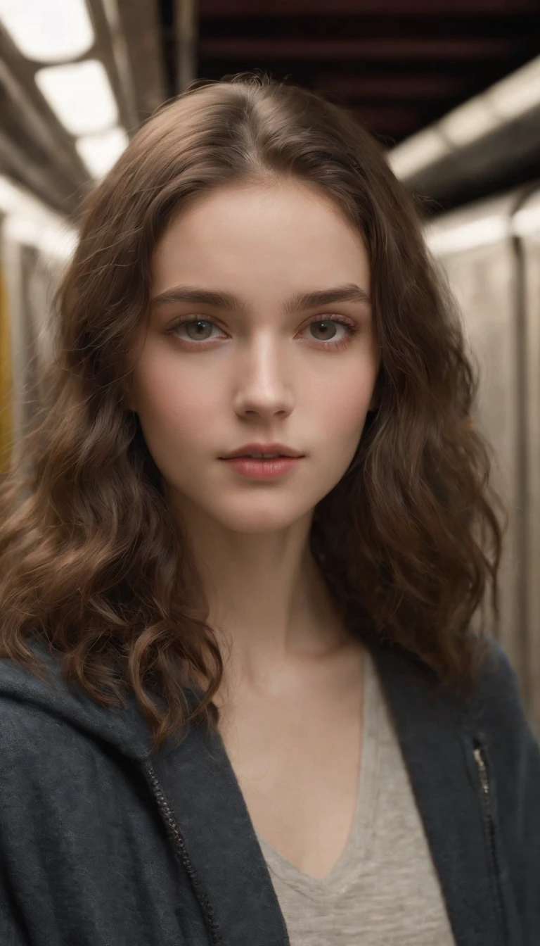Cinemamatica Matrix 5, 20-year-old girl with permed hair, Big dark grey eyes, And the perfect oval face, It is rendered in a realistic style with sharp edges and a vivid atmosphere., In the subway