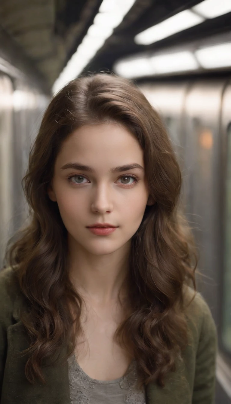 Cinemamatica Matrix 5, 20-year-old girl with permed hair, Big dark grey eyes, And the perfect oval face, It is rendered in a realistic style with sharp edges and a vivid atmosphere., In the subway