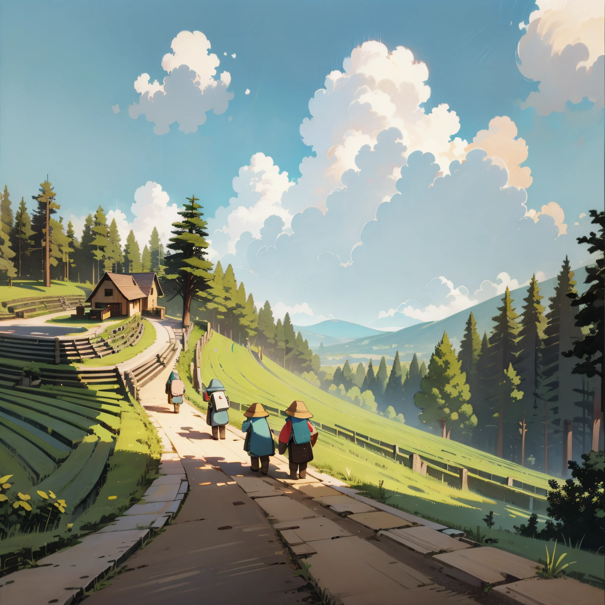 Forest, Terraces, Clouds, Wide Angle, Pioneer, Dirt Road, Traveling Merchant, Back, Go Forward, Wooden Cane, Ray Tracing, Comics, 3D Rendering, Cartoon, Cute Style, Sunny, Outdoor, Detailed, 4K, HD, High Quality