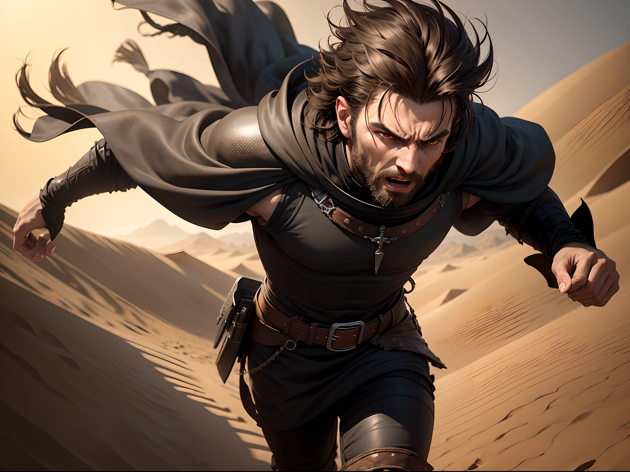 realistic image in 8k of a man with short brown hair, 30 years old, combed to the side, thin face, dressed in black cleric attire and silver shoulder pads in RPG style, running in a desert of dunes, angry expression