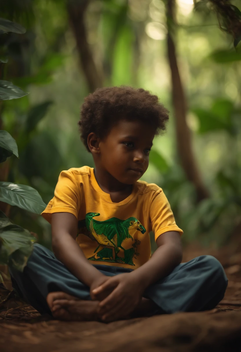 a -year boy man with the shirt of Brazil in the middle of the forest sitting with his legs entwined and with his hand on a jaguar