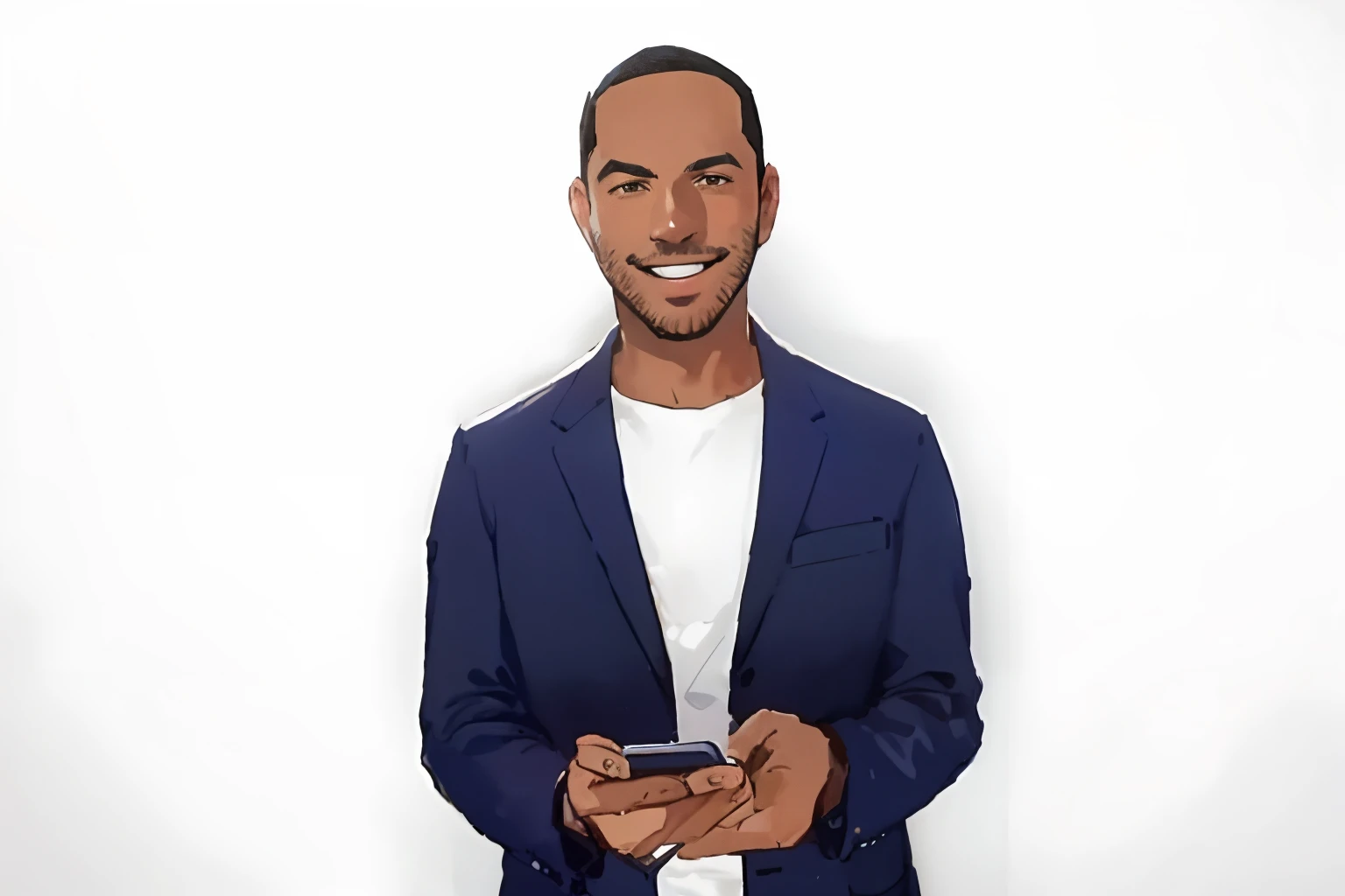 Smiling man in blue suit holding a cell phone and looking at the camera, he is holding a smartphone, holds a smart phone in one hand, holding a very advance phone, foto de perfil profissional, homem atraente, imagem profissional, ( ( pele escura ) ), attractive and good looking, homem bonito, bonito e atraente, um bonito
