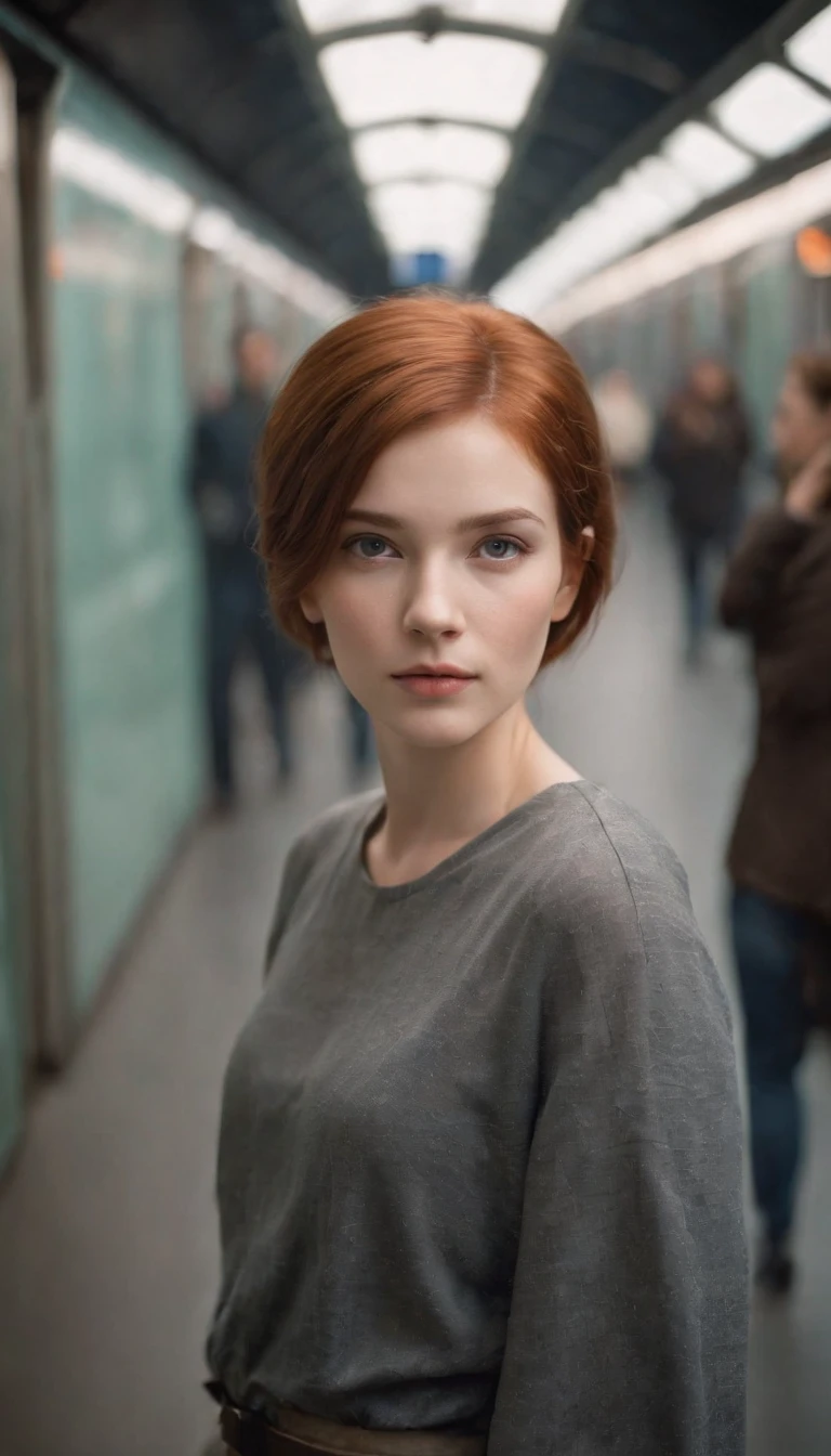 Cinemamatica Matrix 5, 20-year-old girl with short red hair, Big dark grey eyes, And the perfect oval face, It is rendered in a realistic style with sharp edges and a vivid atmosphere., In the subway