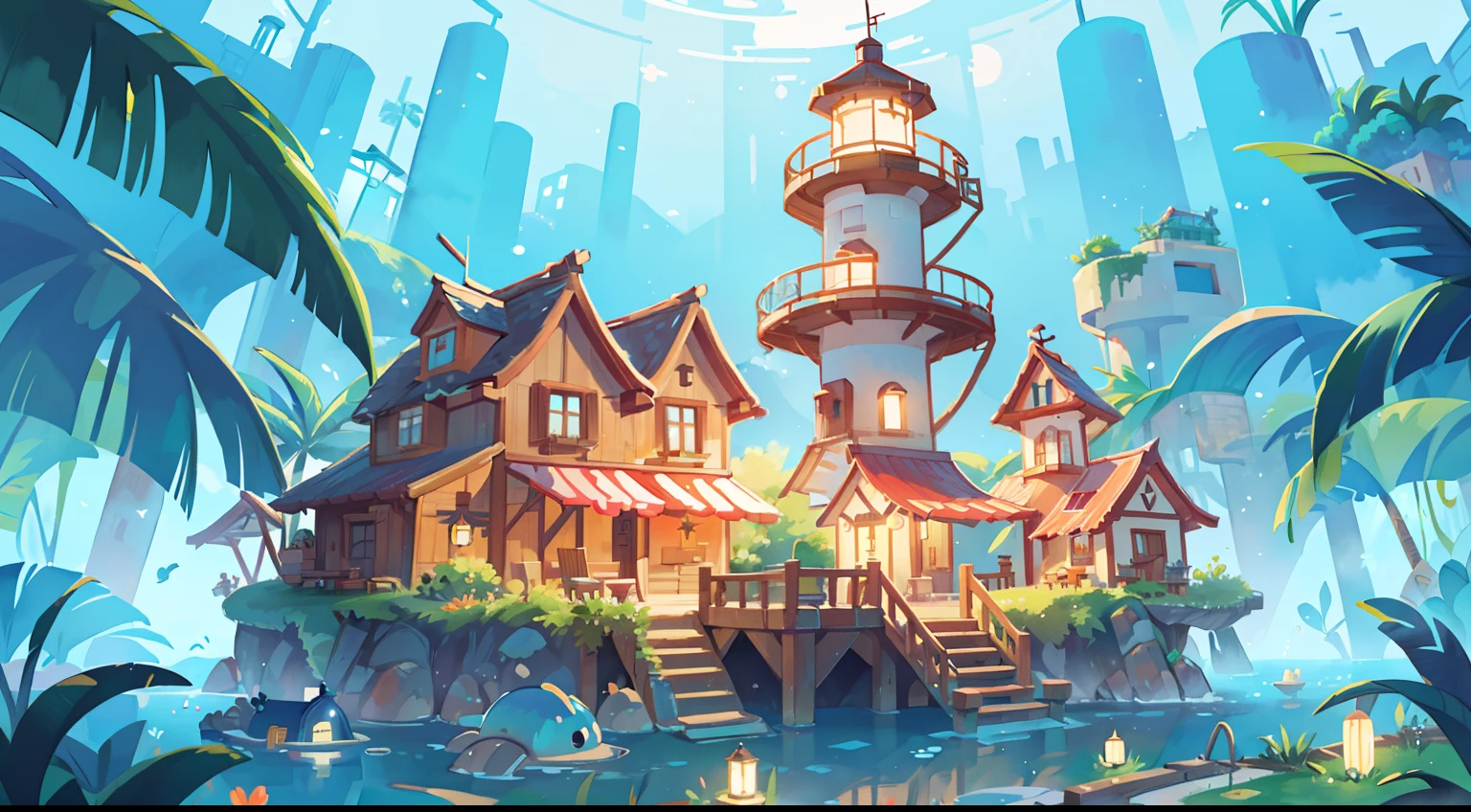 (best quality,4k,highres,masterpiece:1.2),ultra-detailed,realistic:1.37,bright colors,aquatic fantasy,vibrant watercolor illustration,cyberpunk,whimsical,tropical village,huge lighthouse,detailed environment,book illustration,cyberpunk atmosphere,dreamlike atmosphere,serene and lively cyberpunk.
Be aware of:This is an extremely high-quality picture,The resolution is 4K,It is a vivid illustration like a watercolor,It shows an underwater village full of fantasy。The underwater village is surrounded by bright and bright colors,An intoxicating atmosphere is formed。There is a huge lighthouse standing in the middle of the village,A huge highlight added to the whole view。The detailed environment is full of the feeling of the illustrations of the book,The whole scene is as quiet and vibrant as a dream。
