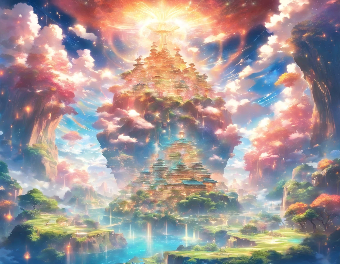 surreal landscape of a celestial realm, with floating islands, celestial bodies, and ethereal beings bathed in divine light, evoking a sense of wonder and spiritual transcendence, powerful, religion, divinity