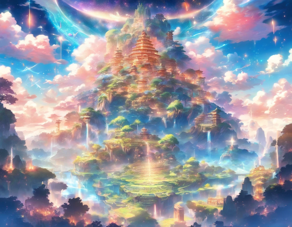 surreal landscape of a celestial realm, with floating islands, celestial bodies, and ethereal beings bathed in divine light, evoking a sense of wonder and spiritual transcendence, powerful, religion, divinity