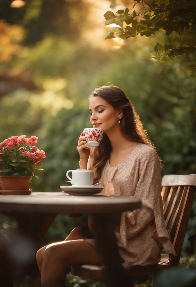 A girl with beautiful detailed eyes and lips enjoying a cup of Americano in a garden. The girl is sitting at a table with a mug in her hands, taking a delicate sip of the coffee. The garden is filled with vibrant greenery, colorful flowers, and a gentle breeze rustling the leaves. The sunlight filters through the branches, casting warm rays of light on the scene. The girl is wearing a casual outfit, with a soft smile on her face, radiating a sense of relaxation and contentment. The coffee is served in a ceramic mug, showcasing the rich brown color of the Americano. The steam rises from the mug, creating an inviting aroma. The overall atmosphere is peaceful and tranquil, inviting the viewers to sit down and enjoy a moment of tranquility in the serene garden setting. The image quality is of the best quality, capturing the details of the girl's features, the colors of the flowers, and the textures of the surroundings. The prompt also includes the realism of the image, with vivid colors, sharp focus, and realistic lighting. The style of the artwork is a blend of realistic and romantic, emphasizing the beauty and harmony of the garden scene. The color palette leans towards warm tones, enhancing the cozy atmosphere of the coffee break. The lighting is soft and natural, enhancing the sense of calm and serenity in the garden setting.