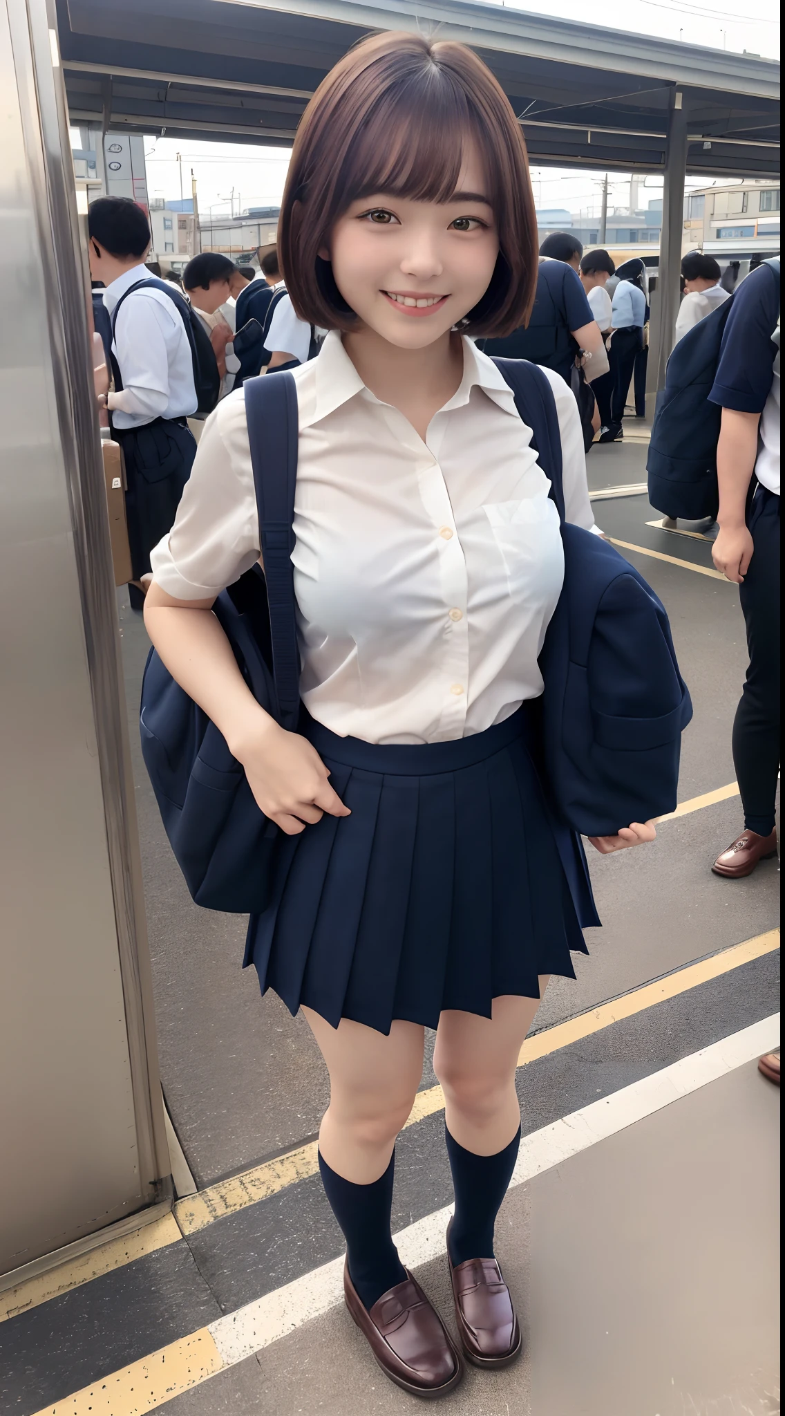 (8K, 超A high resolution, Best Quality, masutepiece:1.2),(18year old:1.2)、(Look away)、8K、RAW portrait of japanese girl、Photorealsitic、超A high resolution、top-quality、 (quite massive chest、Hide all breasts:1.2)(hi-school girl、White collared shirt、Navy Pleated Mini Skirt:1.3)、(Standing on a crowded station platform:1.2) Charming smile、(Brown hair wanlen bob、Black loafers、Navy Socks、Carry your backpack:1.2)