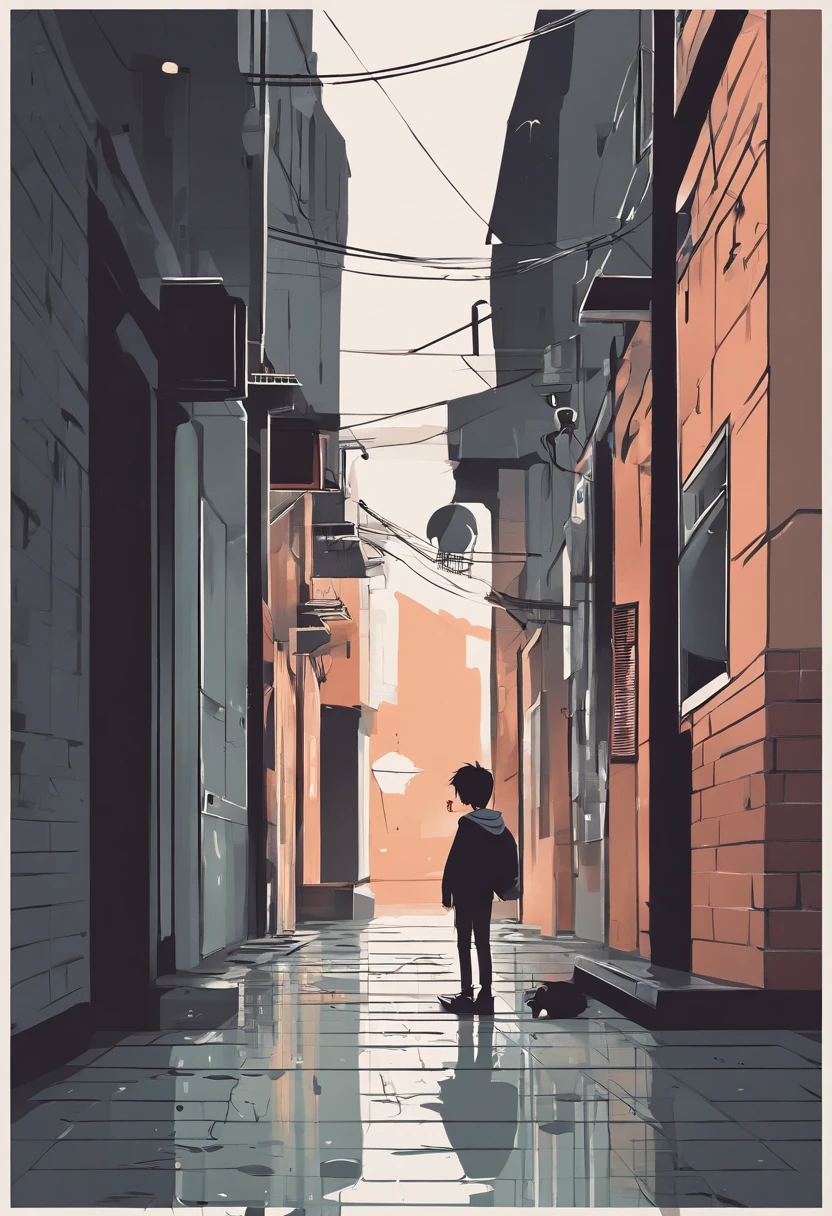 A boy, Sit in the alley, The clothes are dirty,Broken, Sadness Face, Under the rain, At night