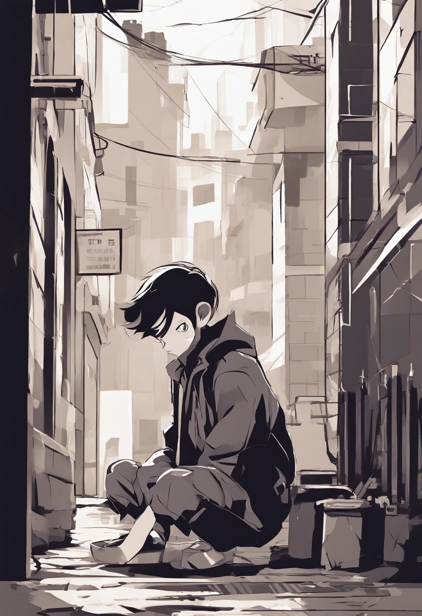 A boy, Sit in the alley, The clothes are dirty,Broken, Sadness Face, Under the rain, At night