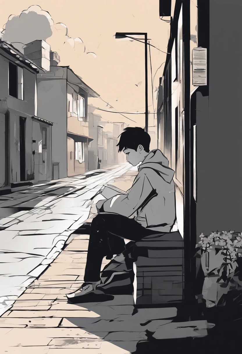 A boy, Sit in the alley, The clothes are dirty,Broken, Sadness Face, Under the rain, At night