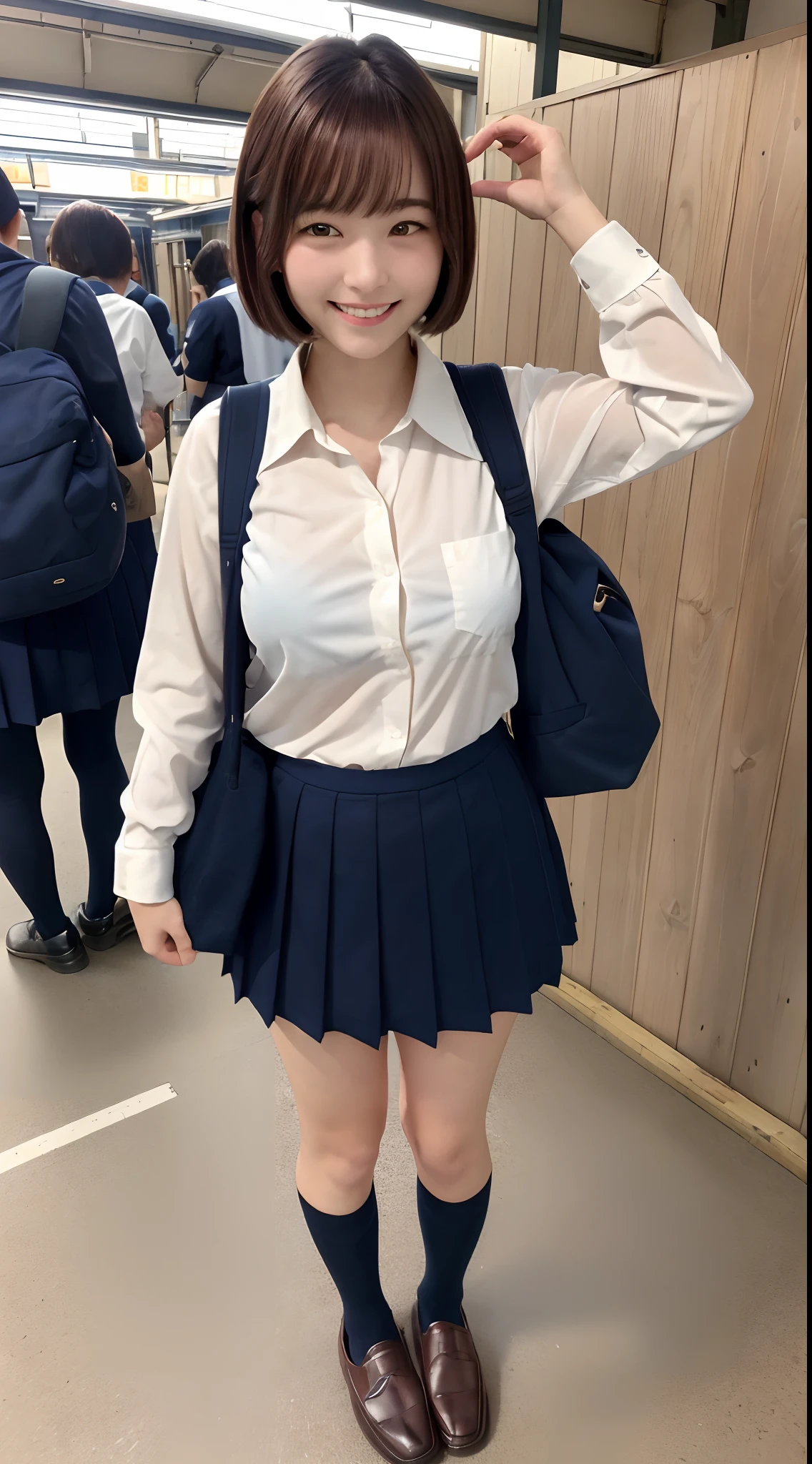 Very detailed、masterpiece、Highest quality、Ultra-high resolution、8K High Resolution、Photogenic transparency、Detailed eyes、Gradation、Perfect anatomical figure ,hard disk、Hmph , Nikon Z9 80mm Lens , Tabletop、Street in front of Tokyo Station、Standing model、shirt、(school uniform:1.5)、(((Skirts must be worn)))、(((Lift the hem of a skirt)))、Panty Focus、Too bright natural light、sunlight、(((While standing, She lifts her skirt to show her pussy to the camera.)))、(((Beautiful and white teeth)))、(((Raise your skirt higher and higher,Show your pussy to the camera)))、Ultra slim body、(Big Breasts:1.3)、Slim model body shape、Beautiful posture、Wearing a collar、Earrings、Earrings、((Navy Blue Skirt))、crowd、Erect nipples、ponytail