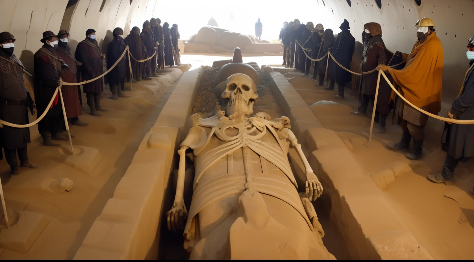 "An image that fits the 16:9 aspect ratio set in a desert. The image should show 5 sand scultures that look like skeleton mummies from ancient times. The image should be taken rather close to the scultures. The sculptures need to look a bit alien-like. Aliens as in those you see in movies, but just as a "sand version"."