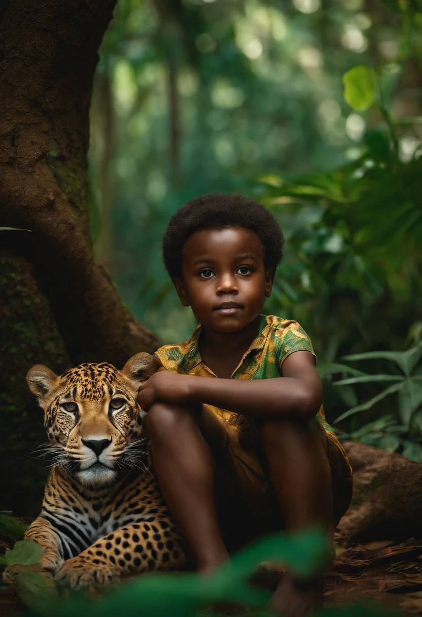 Children of 5 boys, Black man in Brazilian shirt with legs entangled in the middle of the forest、Sitting with hands on a jaguar