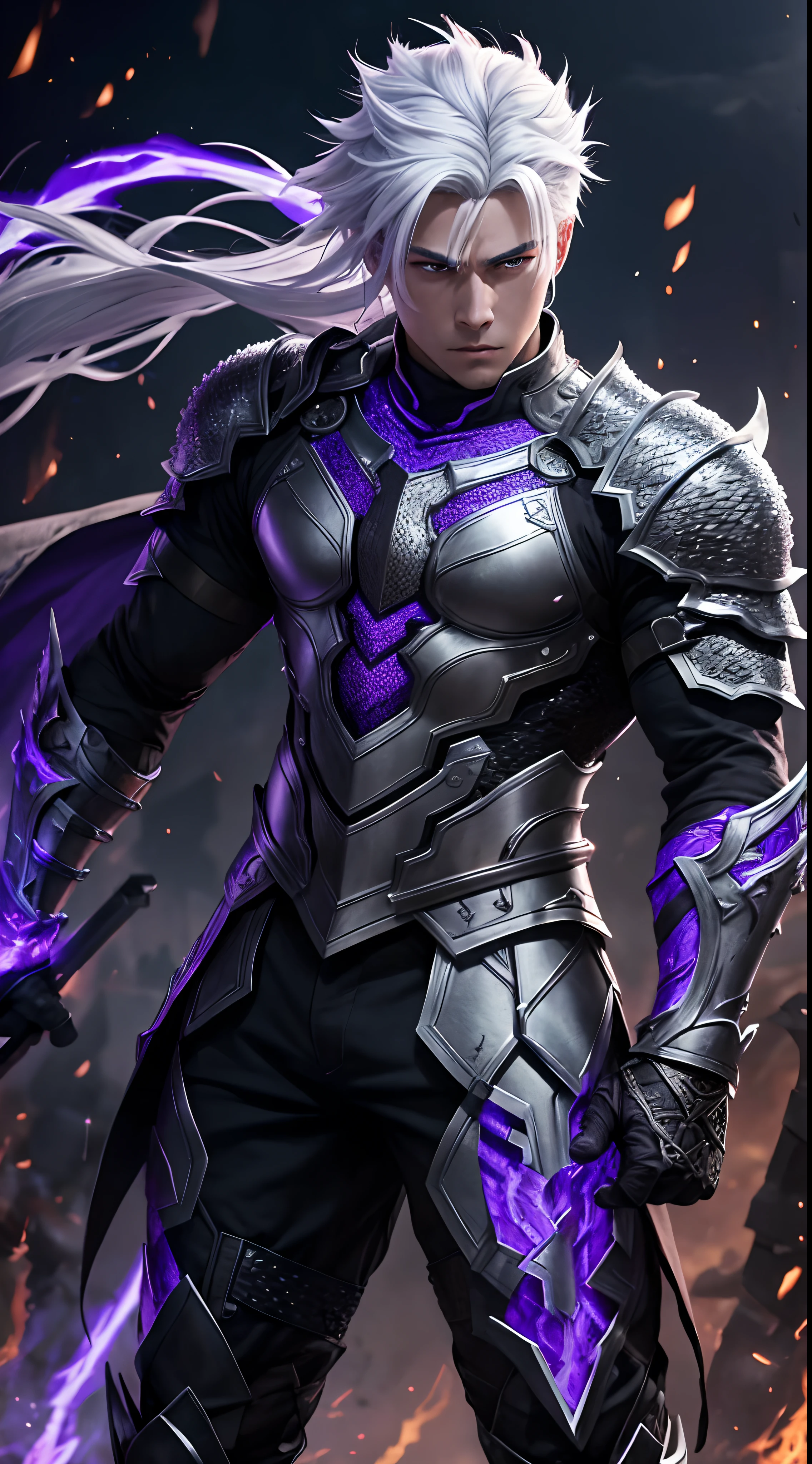 "In the midst of battle, a young man with striking white hair catches your eye. His handsome face is framed by a full body armor, intricately designed to resemble dragon scales. The armor glows with the intensity of hell fire and crackles with purple black lightning, a testament to the power within."