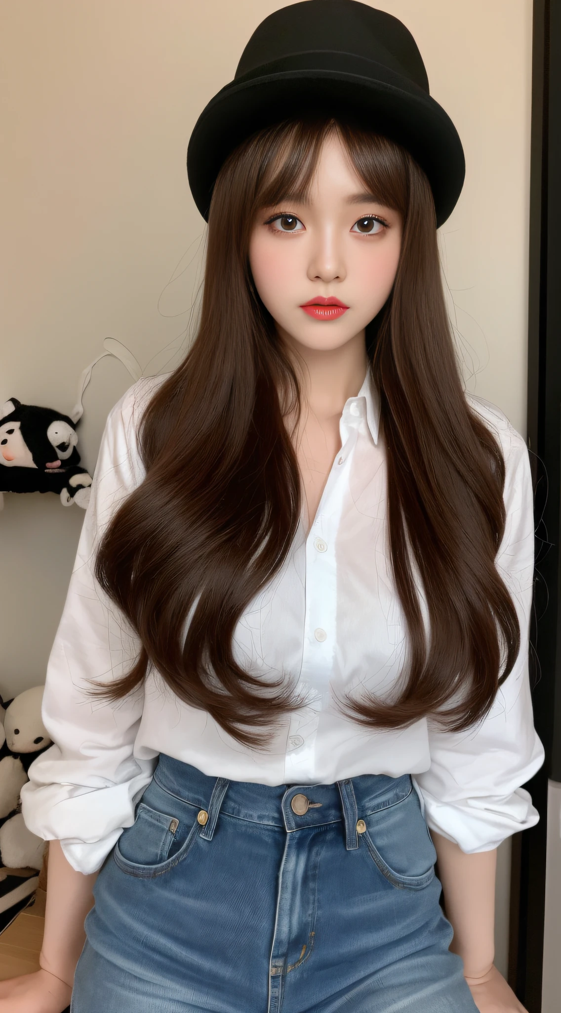 ((Best Quality, 8K, Masterpiece: 1.3, Realistic)), Day, Soft lighting: 1.2, Full Body: 1.4, Slender Abs: 1.2, ((Long brown hairstyle, Medium Breasts: 1.2)), (Thin tied loose shirt: 1.1, Short jeans: 1.1, Sitting: 1.2, Black hat: 1.1), (Doll store, Doll section: 1.2), Highly detailed face and skin texture, detailed eyes, double eyelids, Looking at the doll, kissing the doll, full body camera view