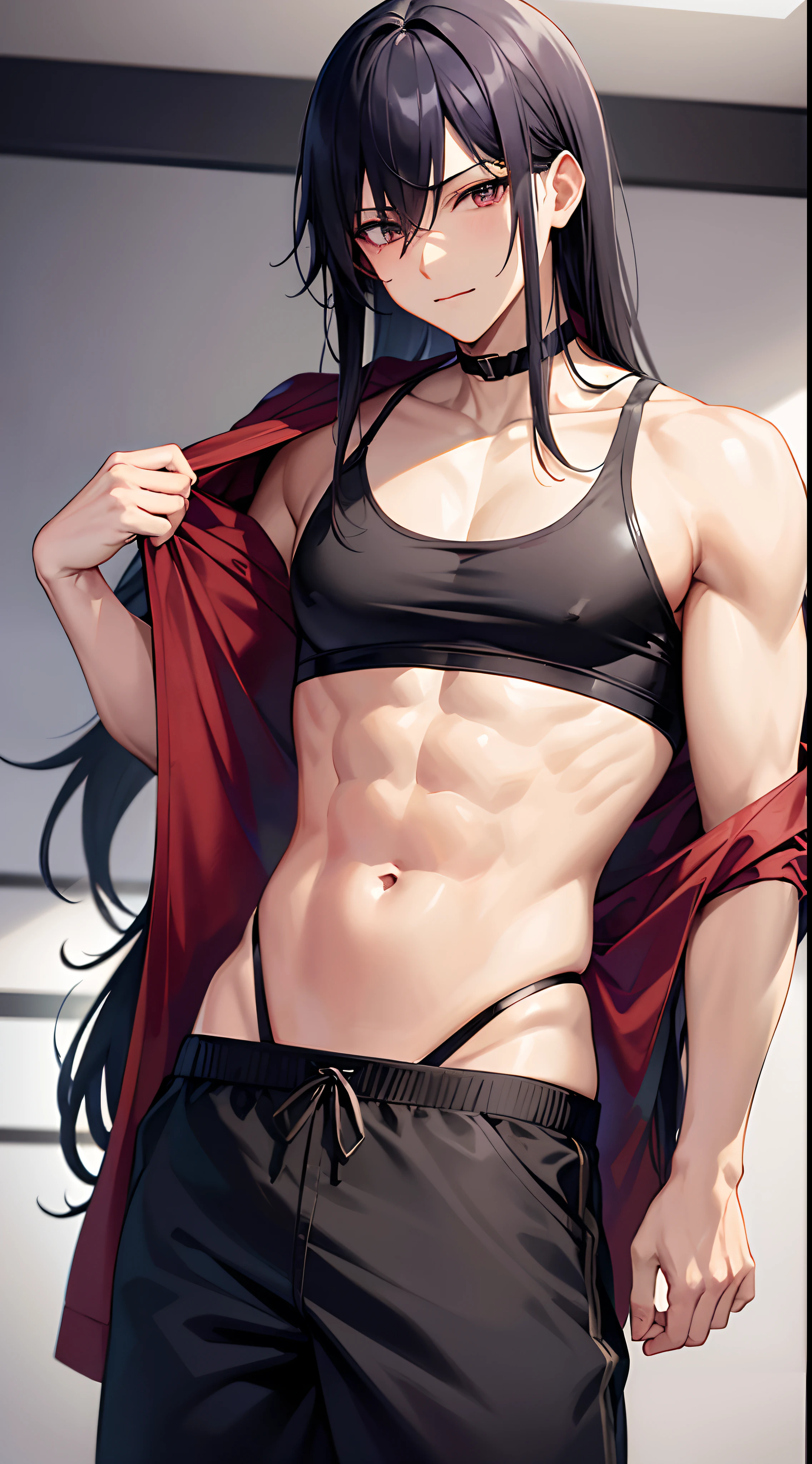 Yuijiro Hanma handsome, good body, Anime character, standing in the gym, decorated with devil tattoos, beautiful and clear muscles. His black hair is wild and unruly, his pants are black.