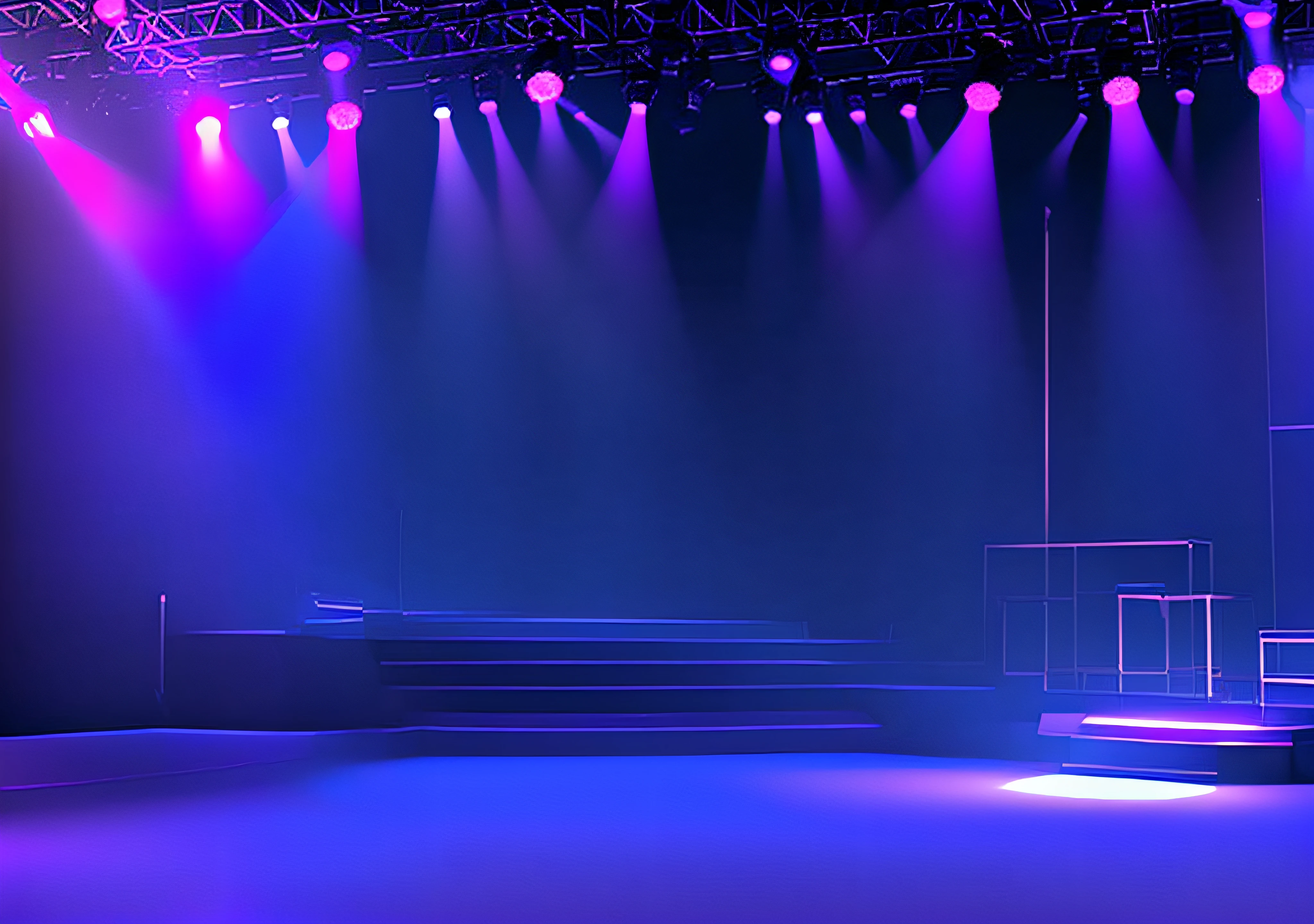 Empty stage, Stage background, Stage, Stage Liggett, shining and happy atmosphere, arena background, purple scene lighting, blue lights and purple lights, Banner, Blue neon atmosphere in the stern, Nightclub, ( ( stage light ) ), Game Showcase, advanced stage lighting, blue and purle lighting
