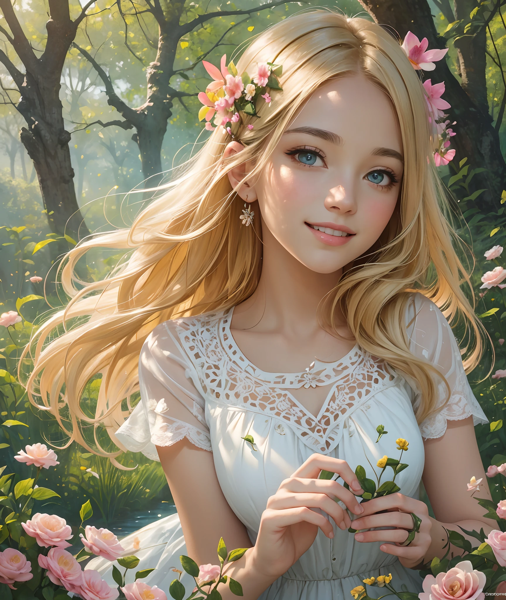 (beautiful)(best quality,4k,8k,highres,masterpiece:1.2),ultra-detailed,(realistic,photorealistic,photo-realistic:1.37),portraits,warm color tones,soft natural lighting),a girl in a garden,beautiful detailed eyes,beautiful detailed lips,extremely detailed eyes and face,long eyelashes,flowing blonde hair with sunlight shining through,colored sundress with floral patterns,standing in the middle of a vibrant garden surrounded by blooming flowers,lush green grass and tall swaying trees in the background,butterflies fluttering around her,graceful and relaxed pose,smiling expression with rosy cheeks and bright eyes,soft breeze gently blowing her hair and the flowers,creating a sense of tranquility and peace,overall scene exuding a serene and dreamy atmosphere,illustration style with a touch of brightness and warmth,detailed textures and intricate brushwork,as if the painting has come to life,inviting viewers to step in and enjoy the beauty of nature.