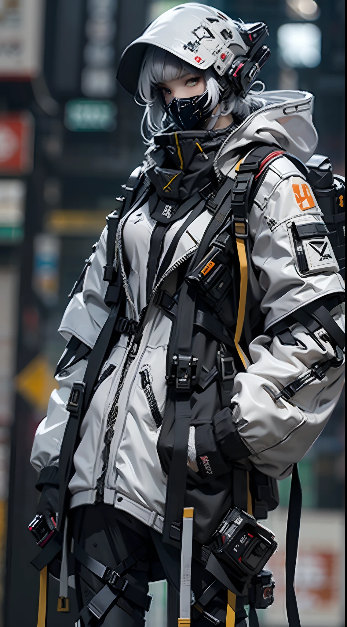 1girll, helmet, Hood, Solo, Spacesuit, Extra-long_Hair, bangs, Jacket, The upper part of the body_Body, White_Hair, bag, Blurry, Coat, Grey_Eyes, Mask, Blurry_Background, Backpack, zippers, Mouth_Mask, Covered_Mouth, Urban tech clothing, Outfit，lowerbody，Fair long legs，Unequal network leggings，with light glowing，zippers，Mechanical loot，Full body shooting from head to toe。