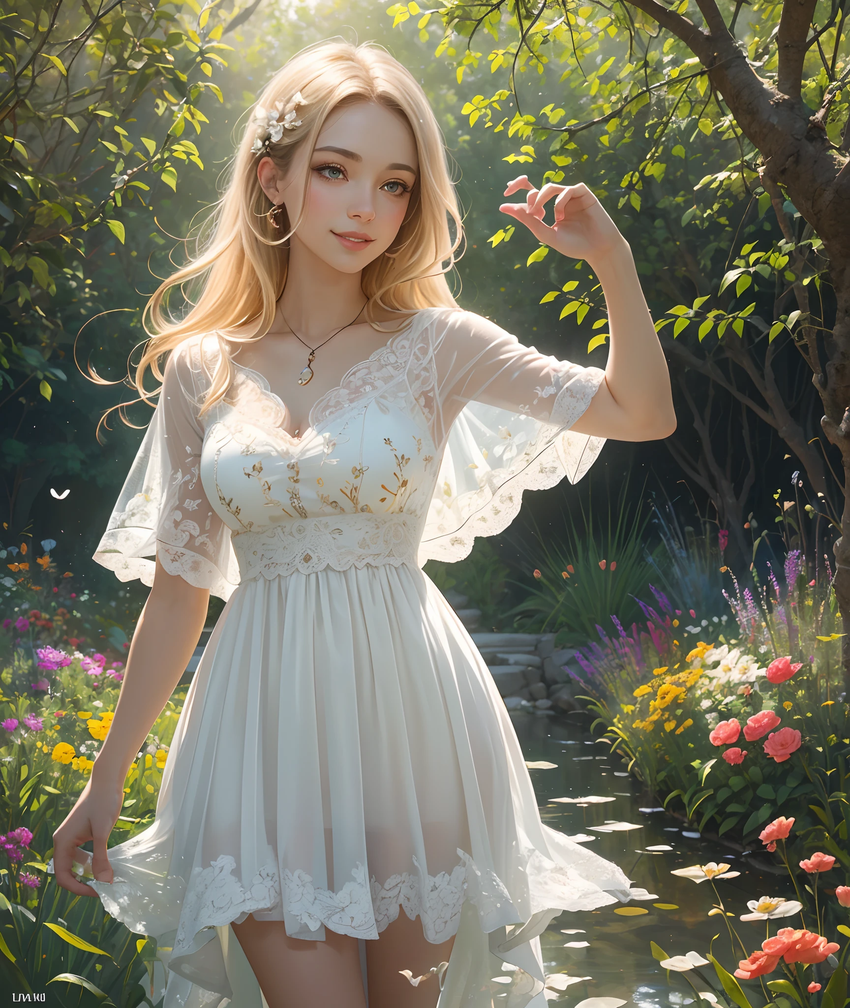 (beautiful)(best quality,4k,8k,highres,masterpiece:1.2),ultra-detailed,(realistic,photorealistic,photo-realistic:1.37),portraits,warm color tones,soft natural lighting),a girl in a garden,beautiful detailed eyes,beautiful detailed lips,extremely detailed eyes and face,long eyelashes,flowing blonde hair with sunlight shining through,colored sundress with floral patterns,standing in the middle of a vibrant garden surrounded by blooming flowers,lush green grass and tall swaying trees in the background,butterflies fluttering around her,graceful and relaxed pose,smiling expression with rosy cheeks and bright eyes,soft breeze gently blowing her hair and the flowers,creating a sense of tranquility and peace,overall scene exuding a serene and dreamy atmosphere,illustration style with a touch of brightness and warmth,detailed textures and intricate brushwork,as if the painting has come to life,inviting viewers to step in and enjoy the beauty of nature.