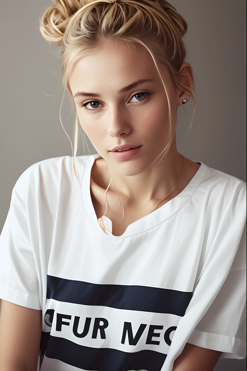 Blonde woman with messy bun in a white shirt, die in die kamera schaut, portrait of a beautiful model, 50mm Hochformat, Perfektes Gesicht ), 60mm Hochformat, portrait sophie mudd, photo of a beautiful woman, daniela uhlig, Portrait of a Nordic girl, Close-up portrait photo, beautiful blonde girl, Perfektes Gesicht, magdalena radziej