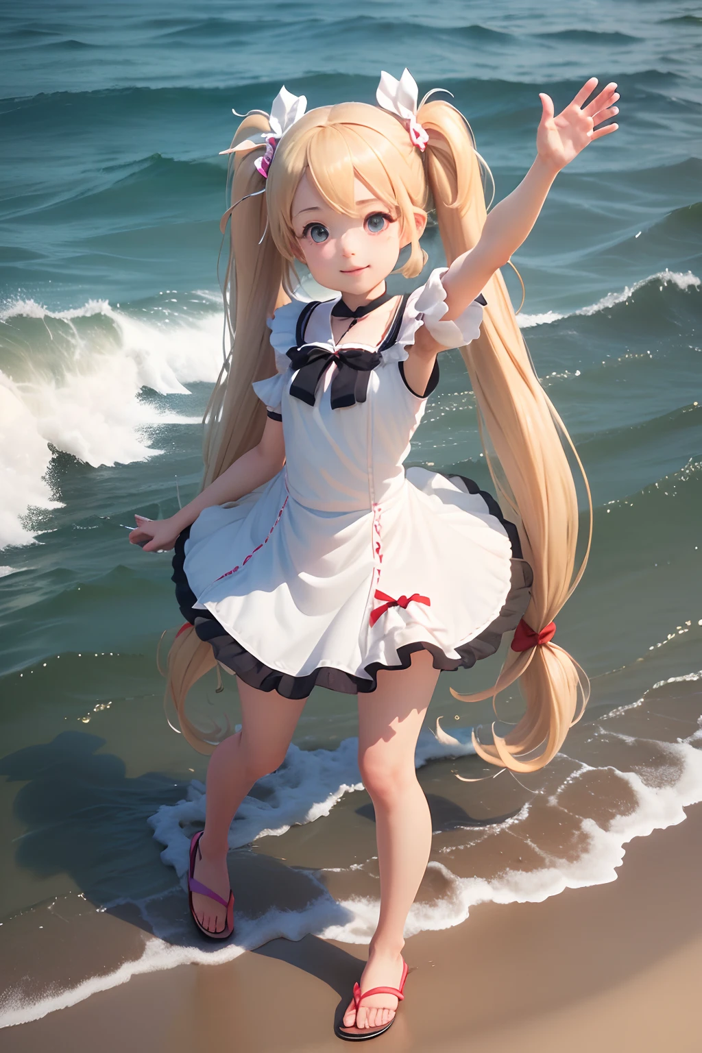( absurdly , High quality , ultra-detailliert ),Summer at noon、(((masutepiece))),(((on the coast))),(()),(((Girl with long blonde twin tails))),(((Piece in front of the face))),maid dress、with a red ribbon on the head,,,,,,,,,、3D anime girl rendering,((great laughter)),(())),(((Wearing flip-flops))),,,((Cute 3D Anime Slender Girl Rendering)),(Detailed hand）,wavelets