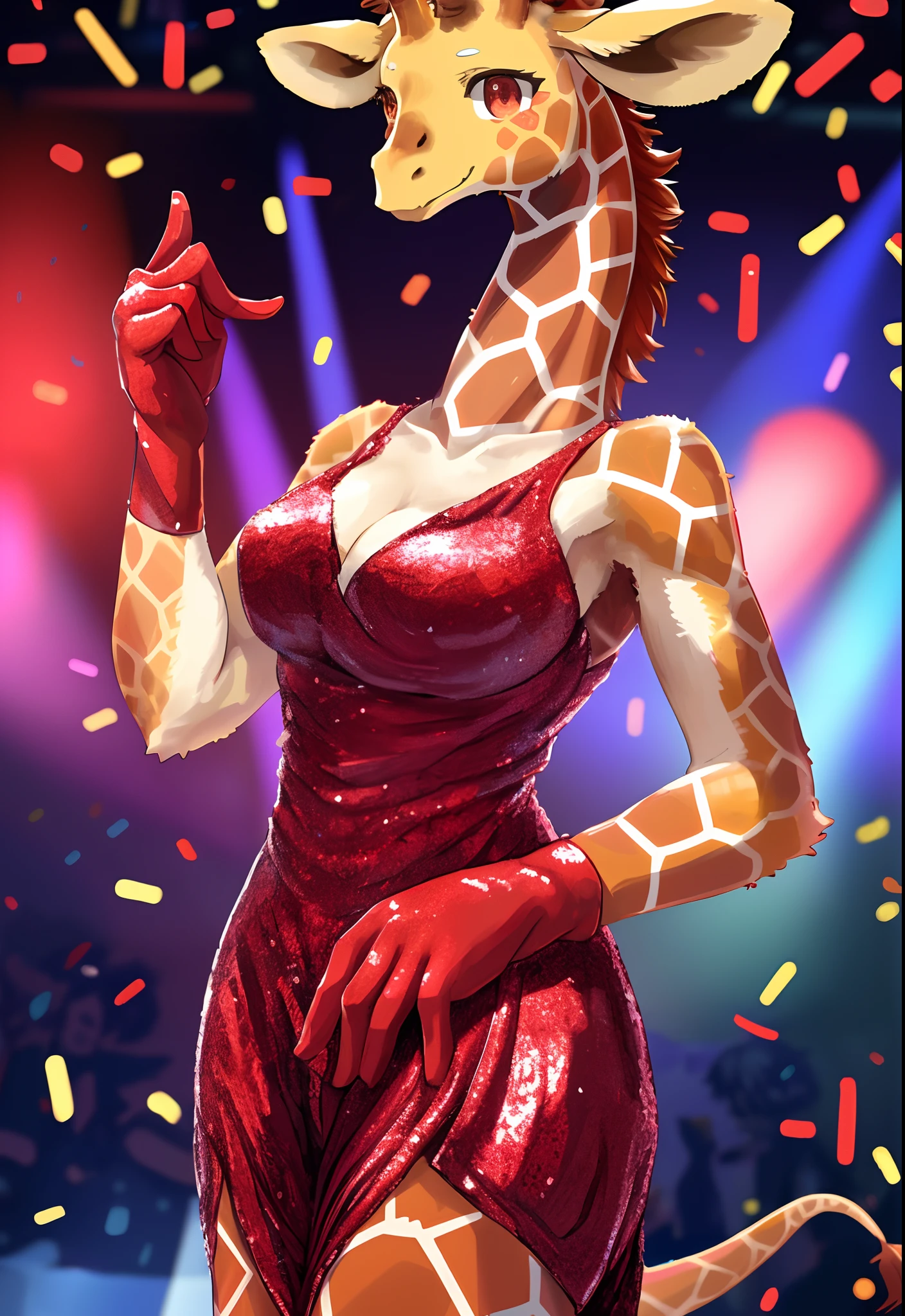 masterpiece, high quality, absurd res, digital painting \(artwork\), solo, (kemono:1.4), 1 female, giraffe female, smile, red sequins dress, party background, red gloves