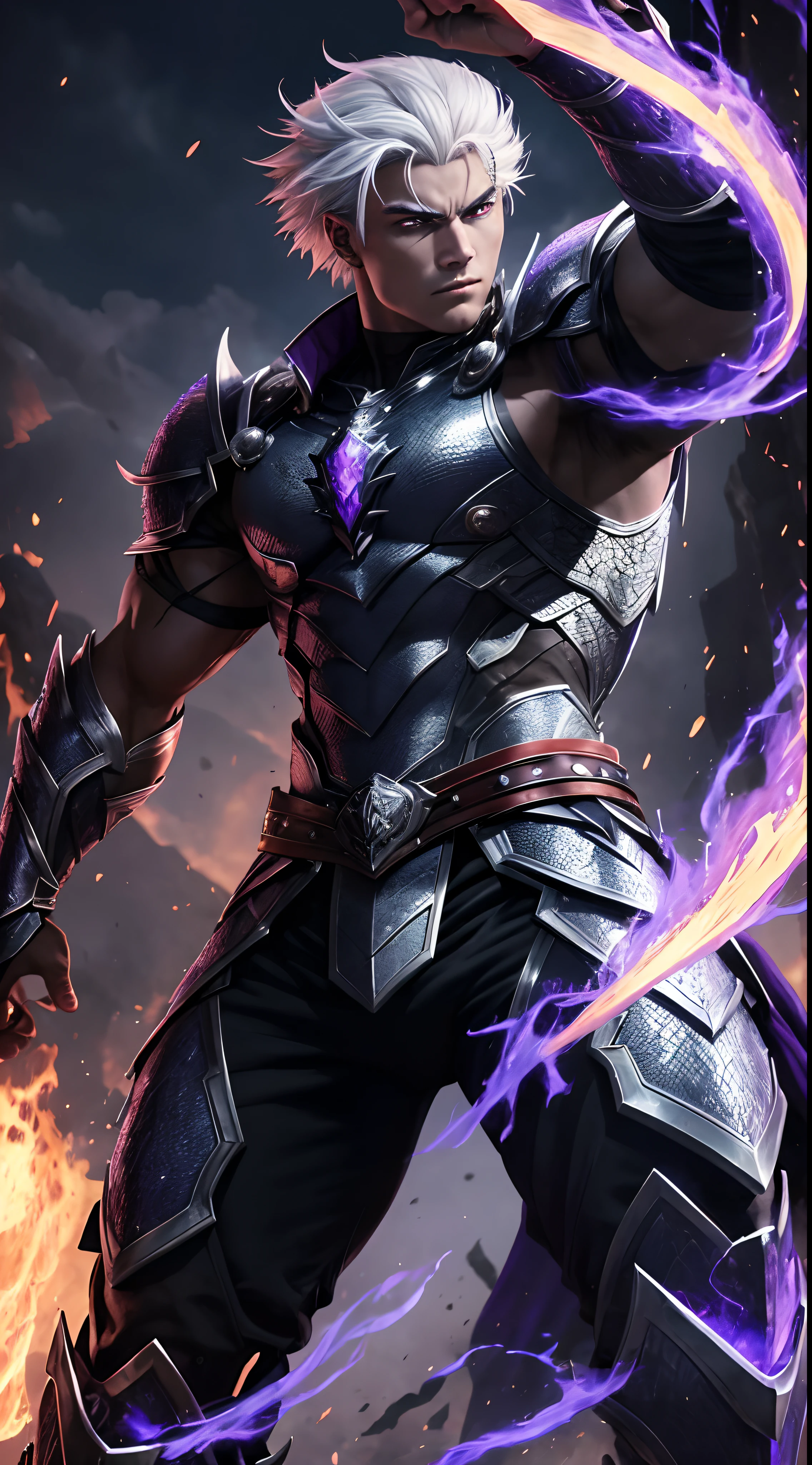 "A vision of strength and power, the young warrior with white hair commands attention with his handsome face and piercing, fiery eyes. His full body armor, inspired by dragon scales, shimmers with the intensity of hell fire and crackles with purple black lightning, a true embodiment of his fierce spirit."