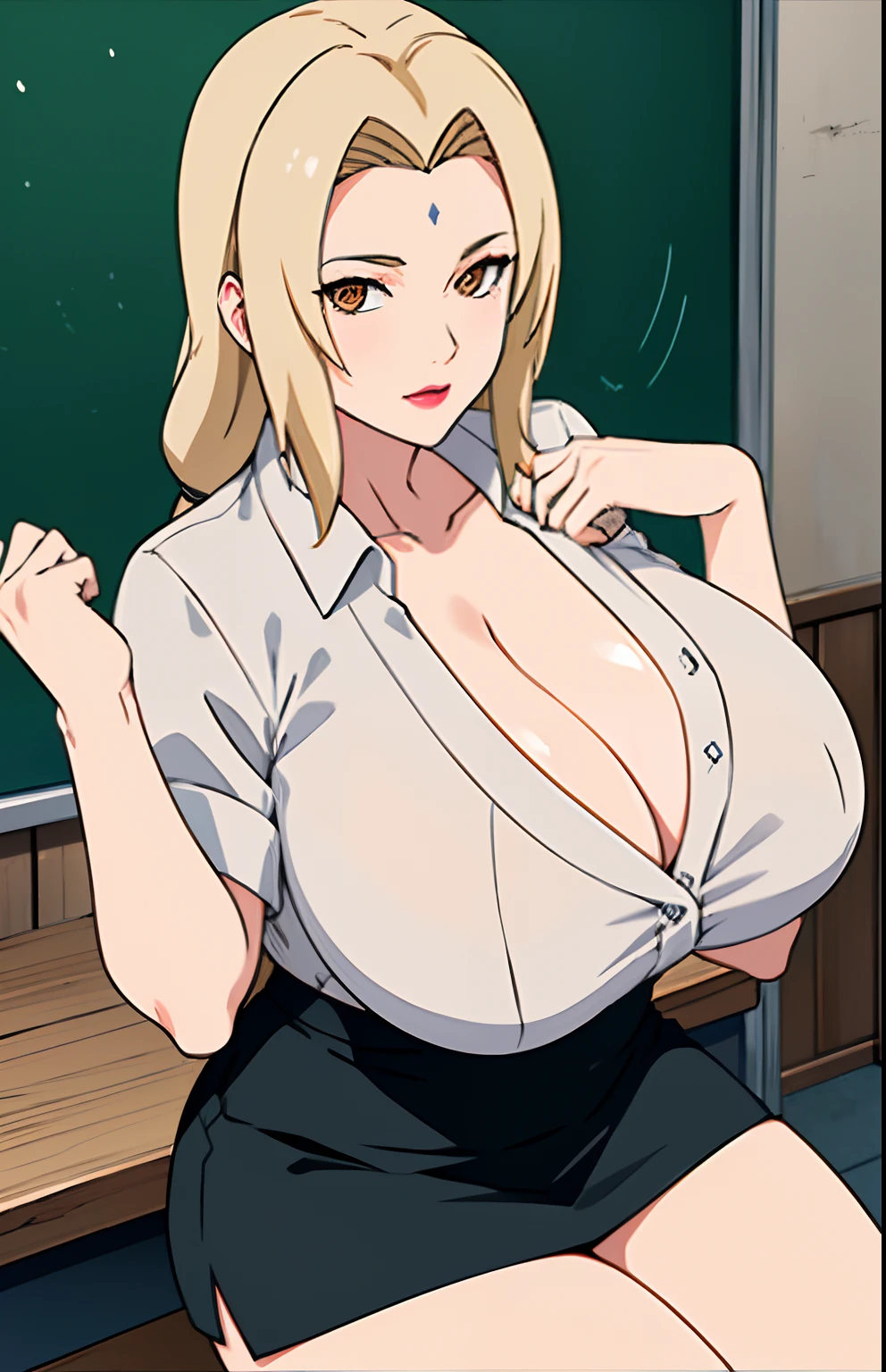 (Big tits), white shirt, black tight skirt, fullbody, cleavage, good anatomy, masterpiece, best quality, 4k, 8k, professional photography, soft light, sharp focus, 1 girl, blonde hair, at classroom, blonde hair, parted banks, detailed face+brown eyes, open lips, lipstick, close up view, whiteboard