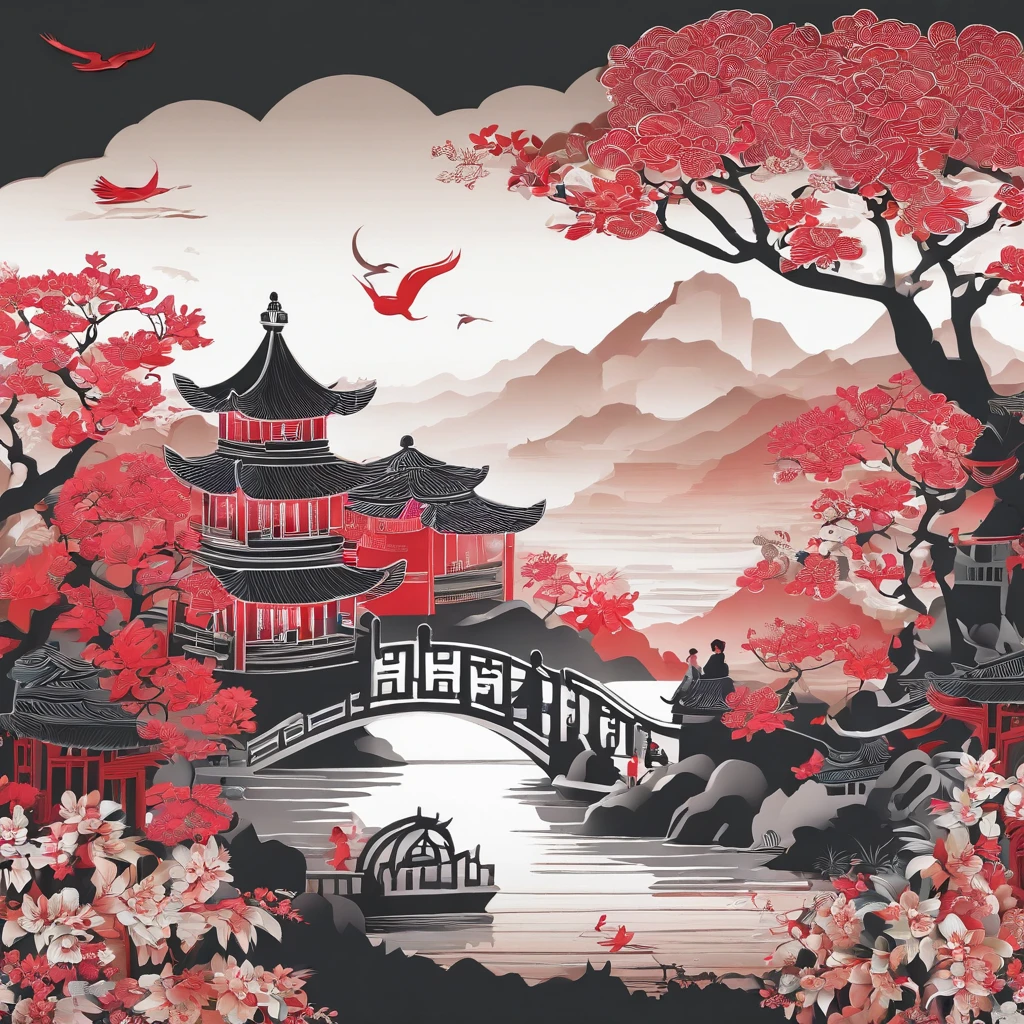 Masterpiece、(Charming Chinese garden scenery);1.9、(Three-dimensional paper cutting art、extremely colorful):1.9