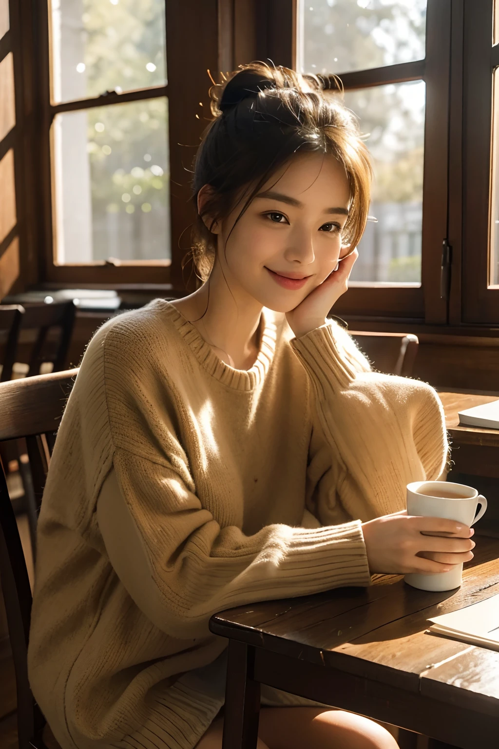 (best quality,4k,8k,highres,masterpiece:1.2),ultra-detailed,(realistic,photorealistic,photo-realistic:1.37), A girl in a library with beautiful detailed eyes and lips, enjoying a cup of Americano, surrounded by books and sunlight, capturing the essence of a serene ambiance. The girl is wearing a cozy sweater and her hair is neatly tied up in a bun. She has a content smile on her face, showcasing her love for literature and caffeine. The library is filled with towering bookshelves adorned with leather-bound classics and colorful hardcovers, creating a captivating atmosphere that sparks the girl's curiosity. Sunlight streams through the tall windows, casting warm rays of light onto the wooden tables and vintage reading chairs. The aroma of freshly brewed coffee lingers in the air, blending harmoniously with the scent of old books. The color palette of the scene is composed of warm earthy tones, accentuating the cozy and inviting ambiance. The lighting is soft and diffused, highlighting the girl's features and creating a peaceful environment for her to immerse herself in her reading.