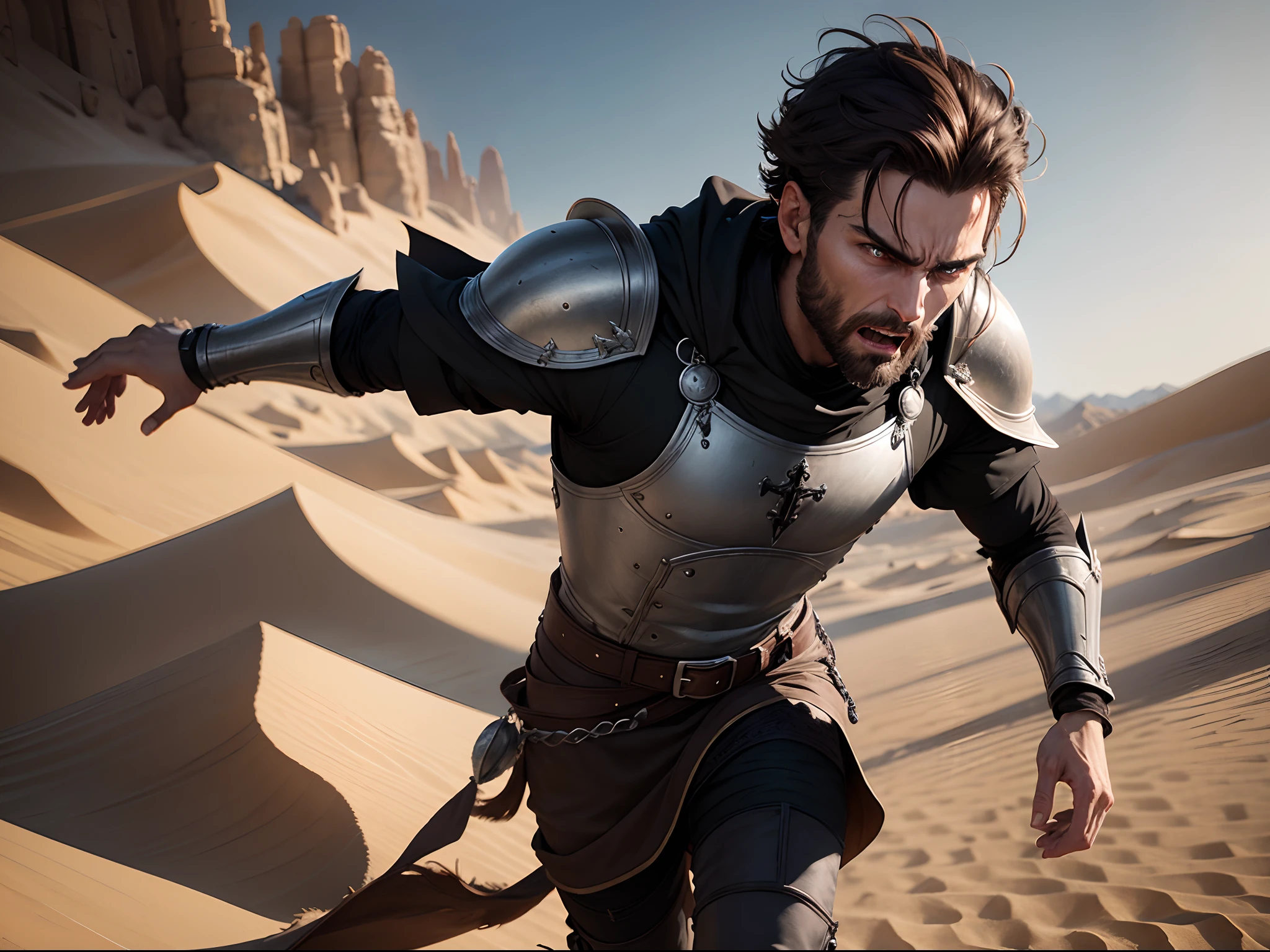 realistic image in 8k of a man with short brown hair, 30 years old, combed to the side, thin and smooth face, dressed in black cleric attire and silver shoulder pads in RPG style, running in a desert of dunes, angry expression