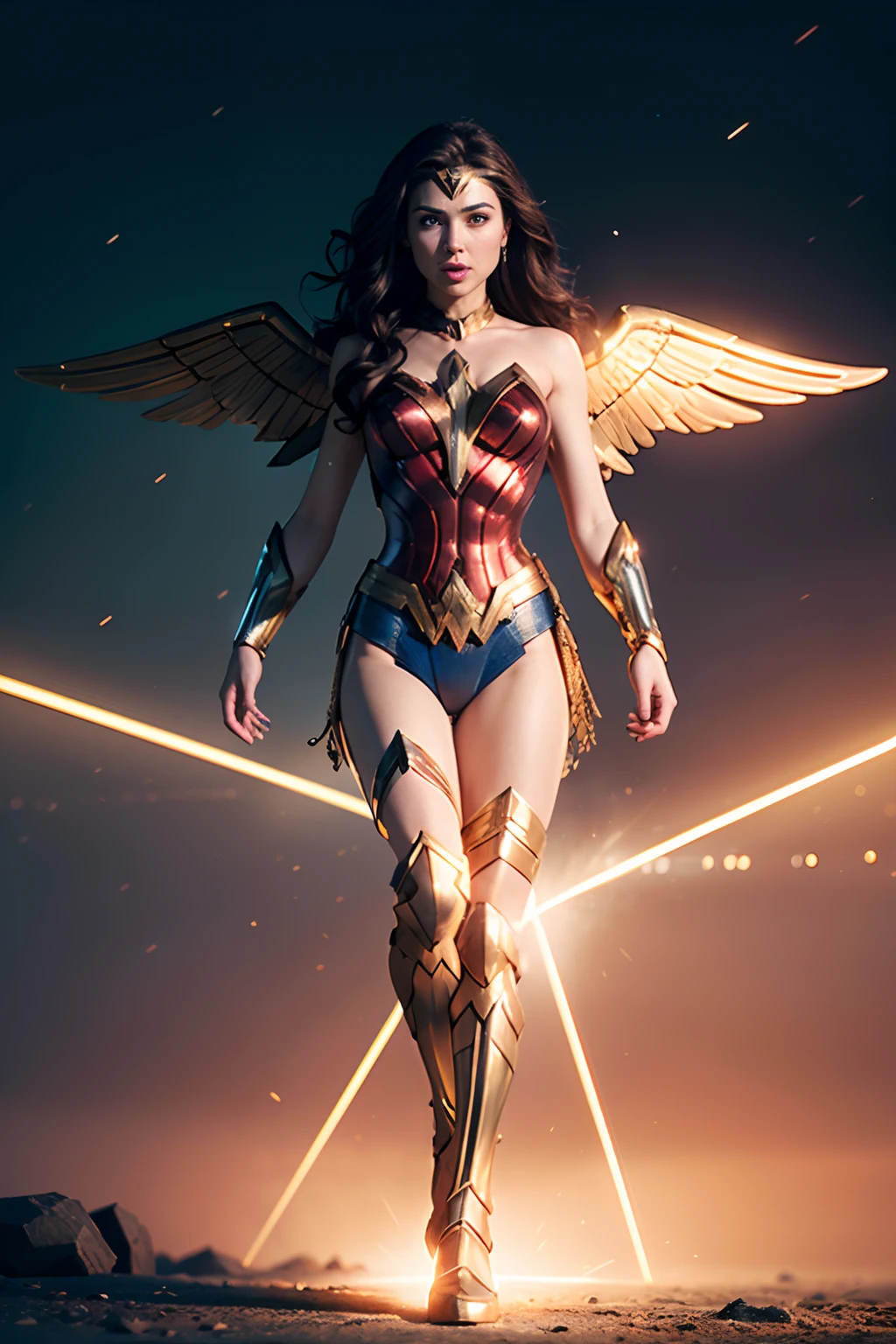 Gal Gadot as Wonder Woman, ((wearing golden Wonder Woman armor with mechanical angel wings)), (glowing lights), (muscular body), (dynamic pose), (hyper realistic:1.4), (realistic:1.3), (best quality real texture skin), full body, (Cinematic Light), highly detailed skin, skin pores, (highly detailed face:1.1), (highly detailed eyes:1.1), realistic pupils, (perfect anatomy:1.1), (perfect proportions:1.1), (photography:1.1), (photorealistic:1.1), volumetric lighting, dynamic lighting, real shadows, (highres:1.1), sharp focus, daylight, (realistic, hyperrealistic:1.4), intricate, high detail, dramatic, subsurface scattering, big depth of field, vivid, polished, sharpened, ((full Sharp)), (extremely absurdres),8k hdr